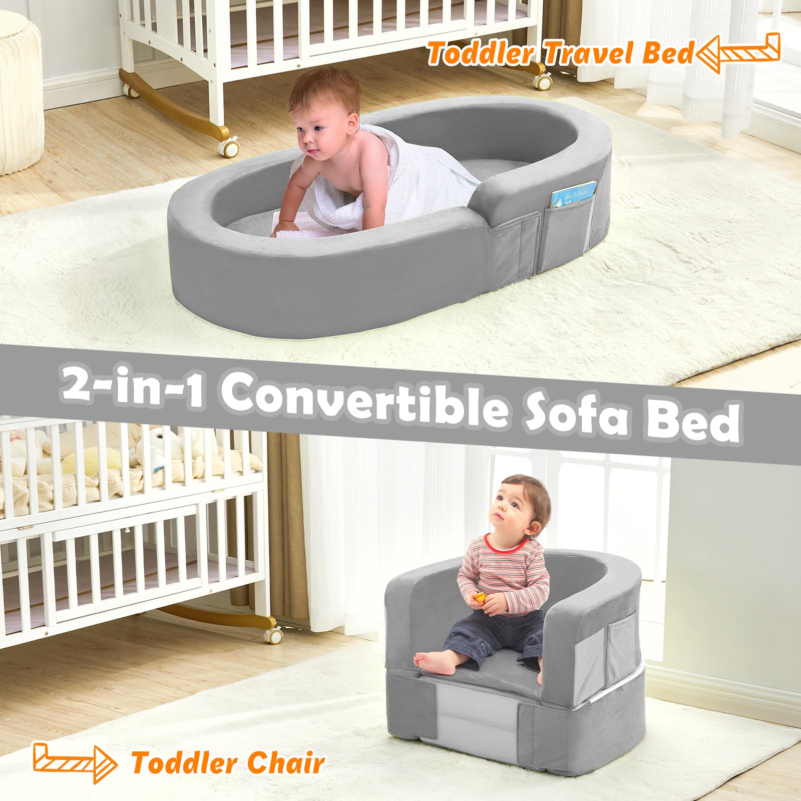 Portable Toddler Travel Bed - Foldable 2-in-1 Kids Sofa with Soft Foam & Washable Cover | Convertible Toddler Cot for Indoor & Outdoor Use | Perfect for Camping, Sleepovers, and Travel Adventures