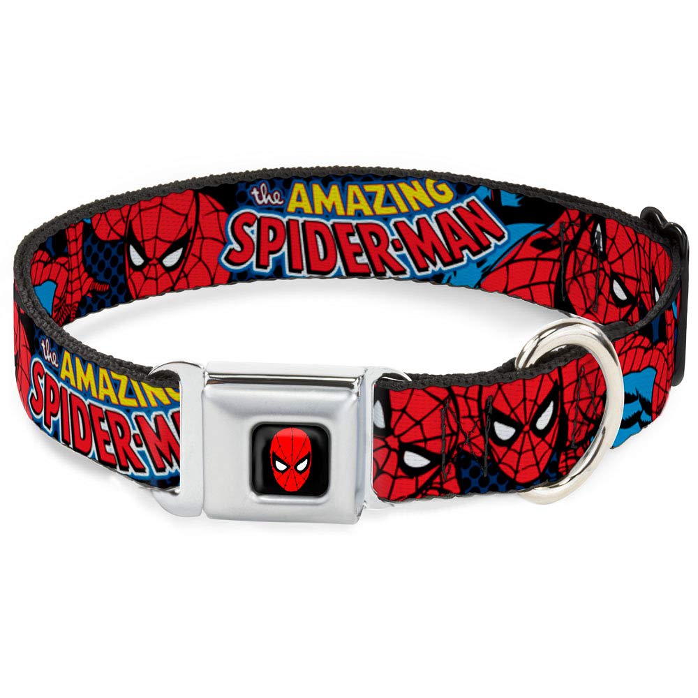 Amazing Spider-Man Dog Collar with Seatbelt Buckle - Adjustable 9 to 15 Inches, 1.0 Inch Wide, Multi-Color (DC-WSPD001-S) - Perfect for Superhero Fans & Pet Safety in Cars