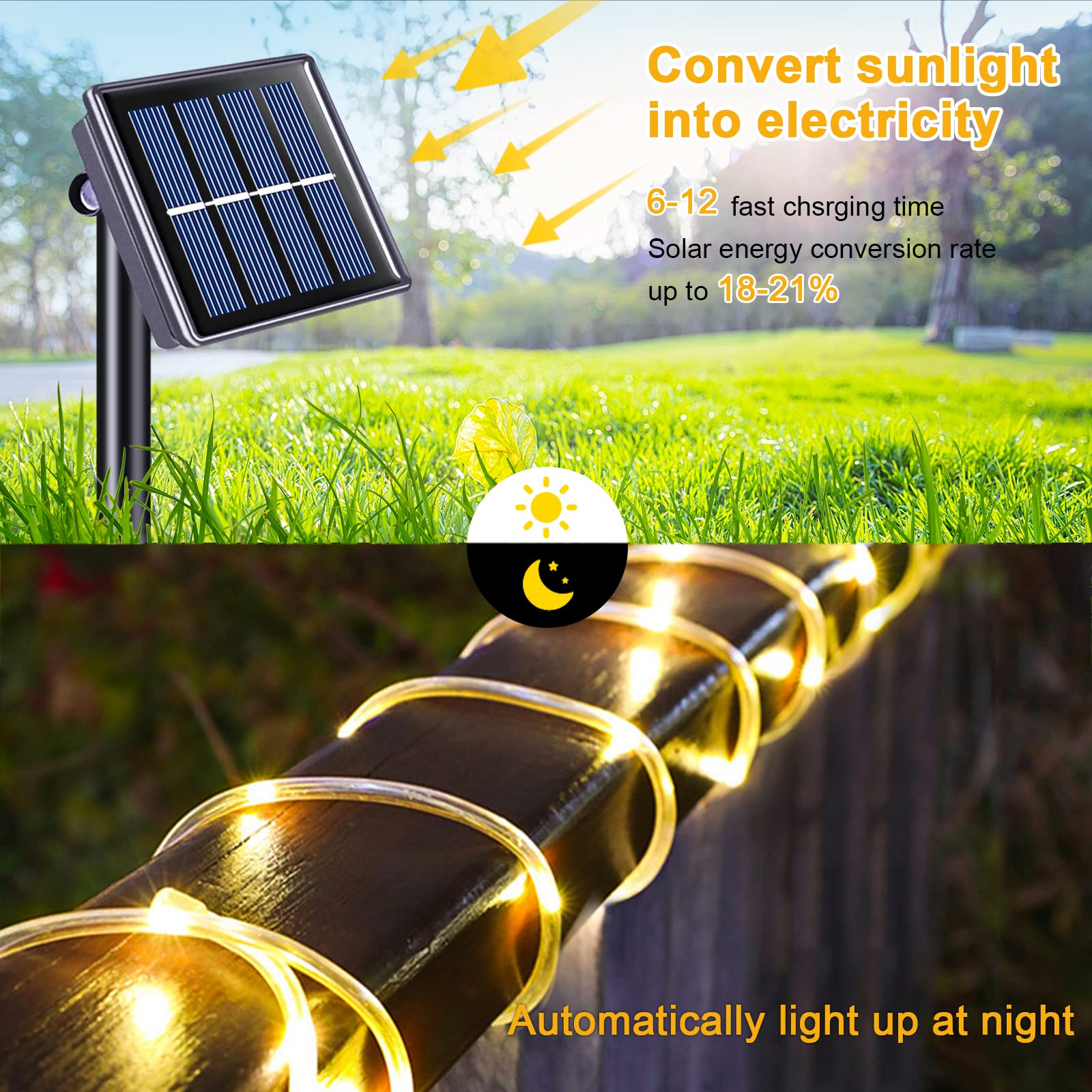 JMEXSUSS 200 LED Solar Rope Lights - 66ft Outdoor Waterproof Solar Powered String Lights with 8 Lighting Modes for Fence, Gazebo, Yard, Walkway, Path (Warm White) | Perfect for Garden, Patio, Deck, Wedding & Holiday Decorations