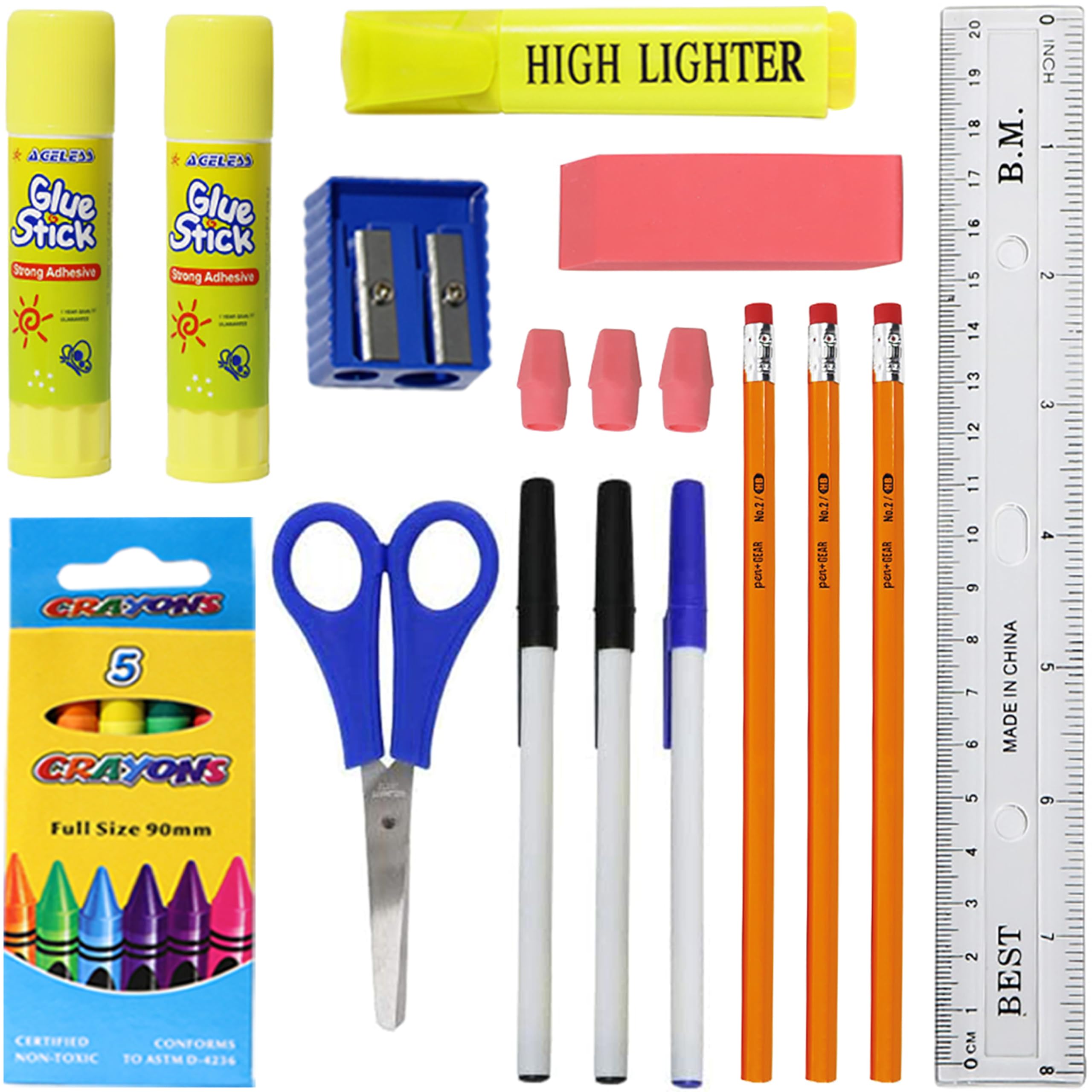 22-Piece Bulk School Supplies Kit for K-12 Students - Essential Classroom Supplies Box with Pens, Pencils & Crayons - Perfect for Elementary, Middle & High School Back to School, Homeschooling & Study Organization