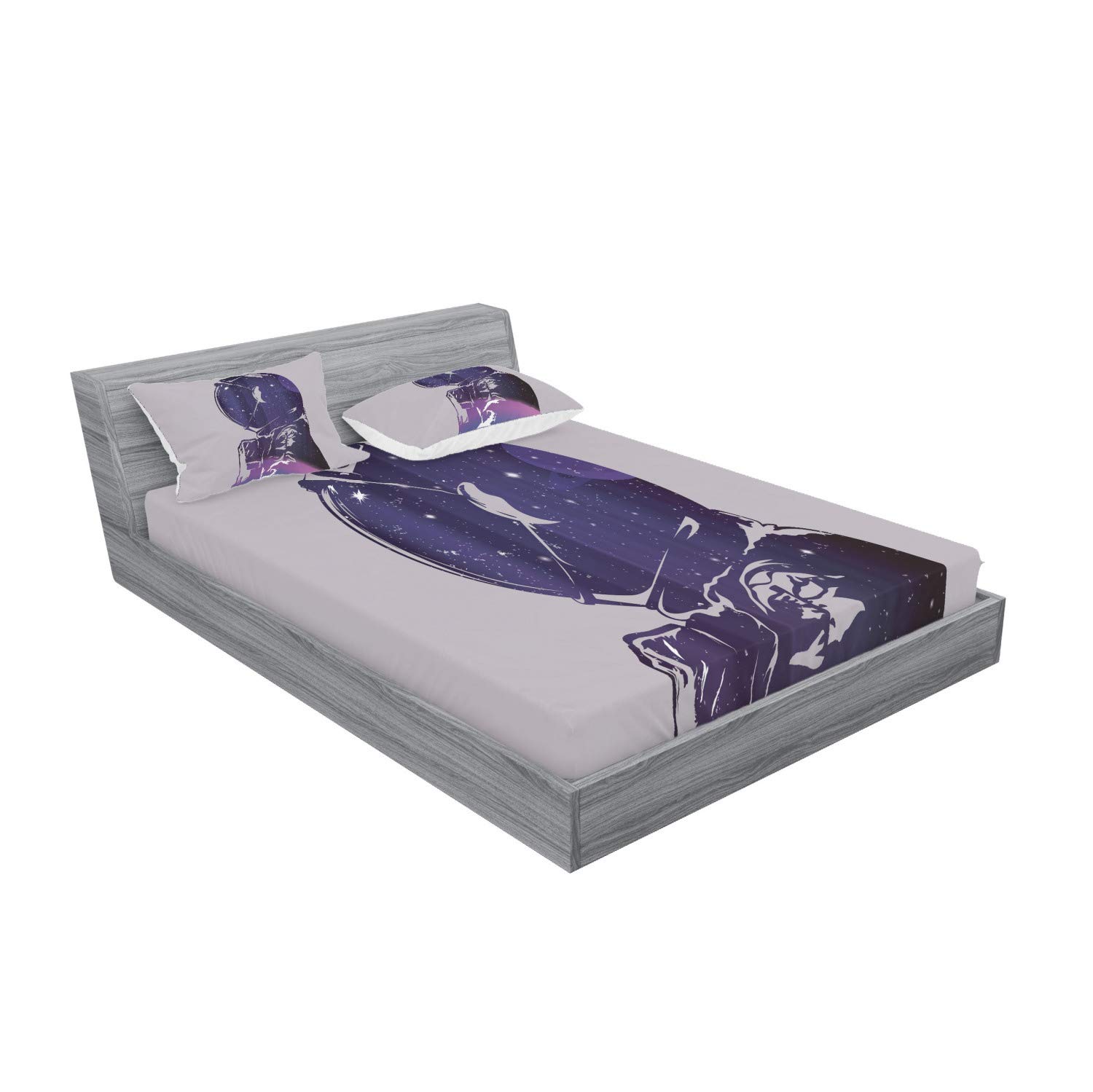 Ambesonne Outer Space Fitted Sheet & Pillow Sham Set - Astronaut Star Cluster Celestial Cosmic Print 3-Piece Queen Bedding Set in Pink & Purple | Galaxy Themed Room Decor for Kids & Teens Bedrooms