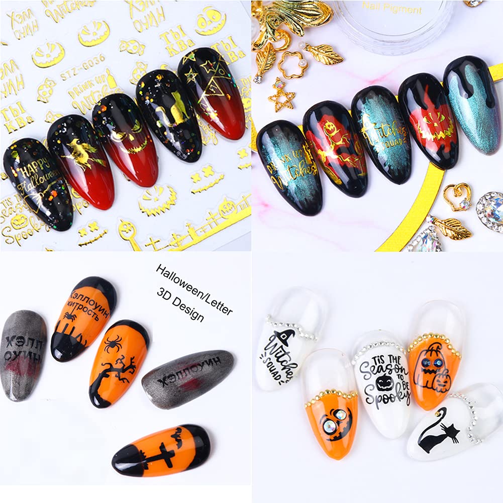 6 Sheets Halloween Nail Stickers - Spider Ghost Pumpkin Cross 3D Nail Art Decals for Women, Girls & Kids - Black & Golden Self-Adhesive Nail Designs - Perfect for Halloween Parties, Costume Events & Spooky Nail Art Decorations