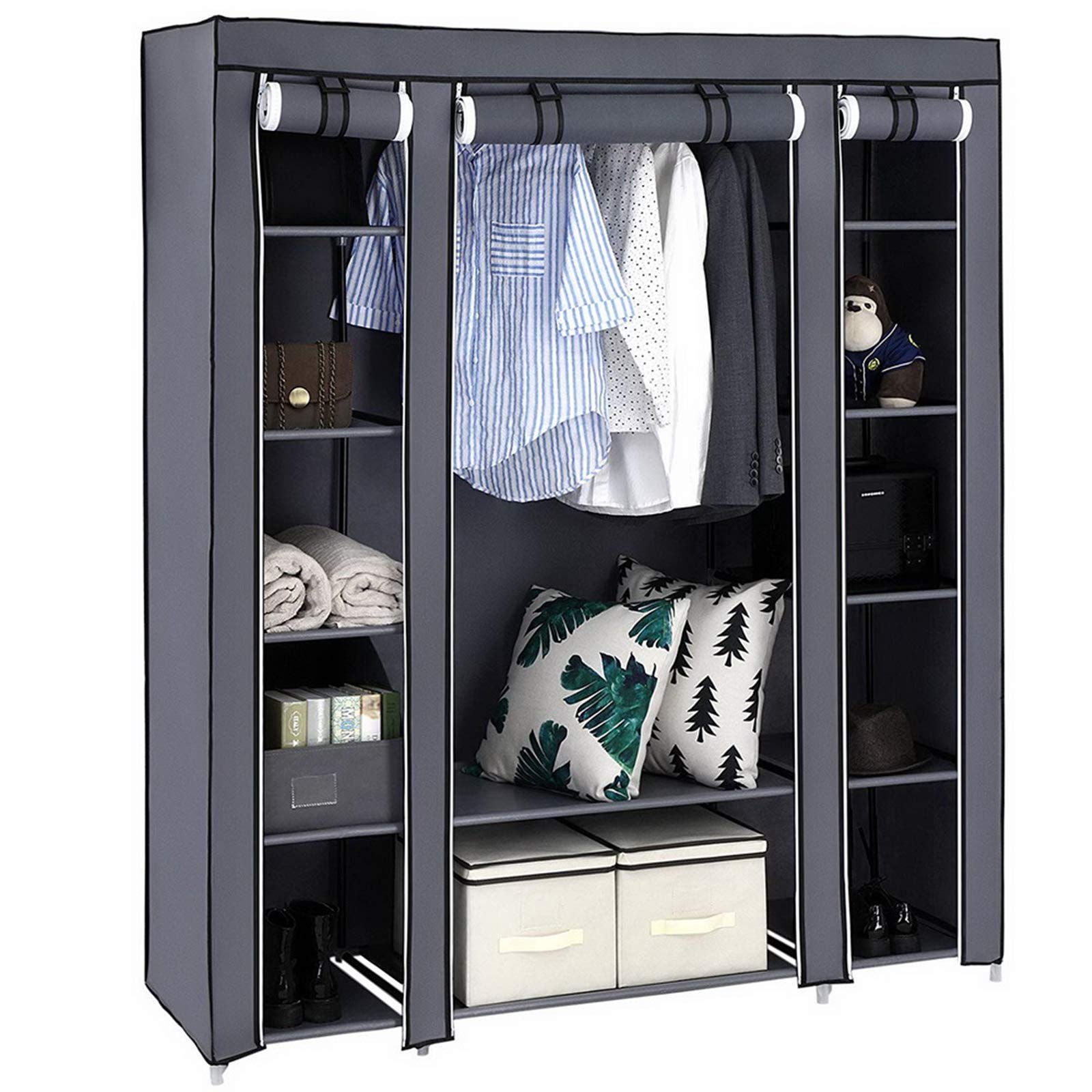 Kcelarec Fabric Wardrobe Closet - Portable Clothes Storage Organizer with Hanging Rail & Shelves, Foldable Fabric Cover for Bedroom, Cloakroom, Dorm (Style 1-Grey) - Perfect for Small Spaces & Temporary Storage Solutions