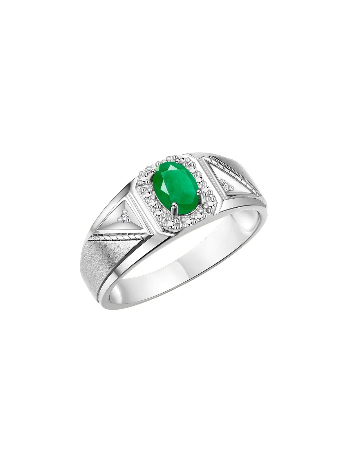 Rylos Men's Sterling Silver 7X5MM Oval Emerald & Diamond Ring - May Birthstone Jewelry for Men Size 10 - Perfect for Gifts, Weddings & Special Occasions