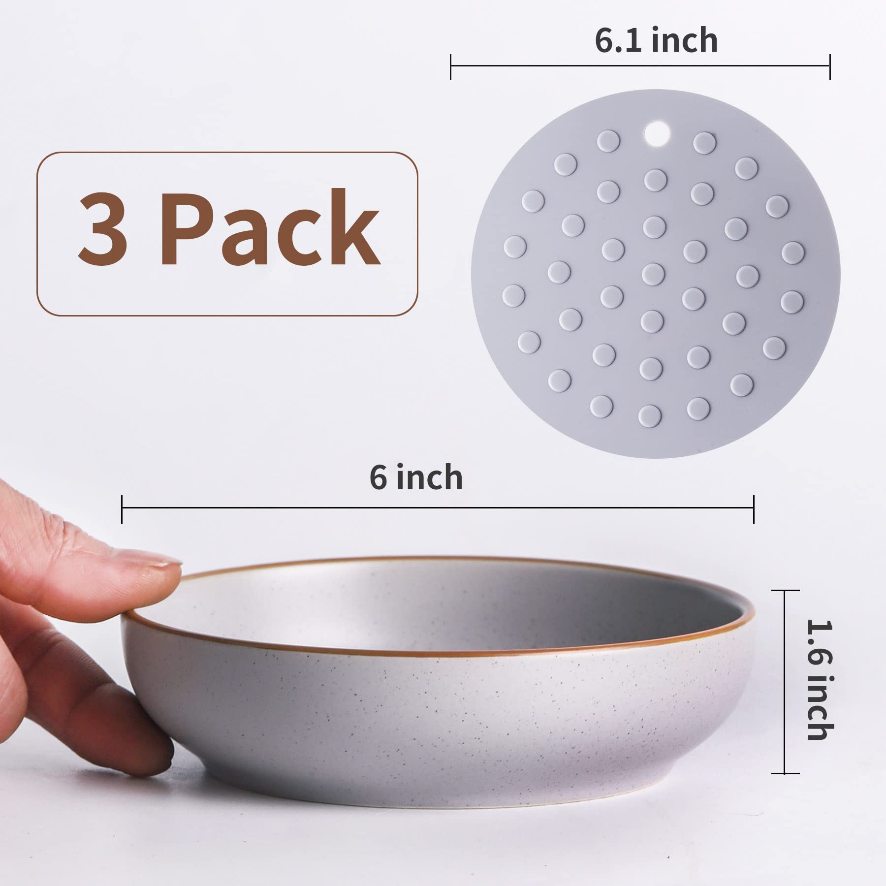 Howise 6 Inch Ceramic Cat Bowls with Non-Slip Mat - 3 Piece Set for Food & Water | Wide Shallow Whisker-Friendly Cat Dish | Durable Pet Bowl for Indoor Cats & Kittens (Grey) | Perfect for Mealtime, Hydration & Stress-Free Feeding