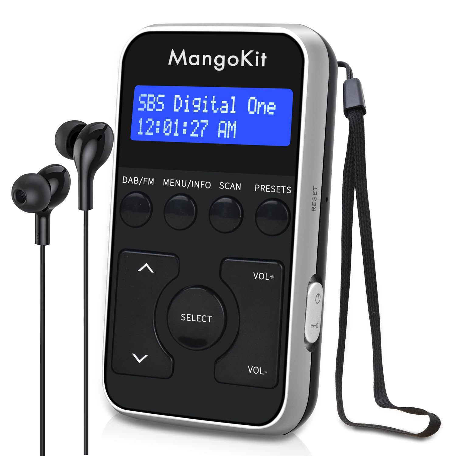 MangoKit MP1 Portable DAB/DAB+ FM Digital Radio with Earphones - Rechargeable Battery, 20 Station Presets, Lockable Buttons (Black Silver) - Perfect for Travel, Commuting, and Outdoor Activities