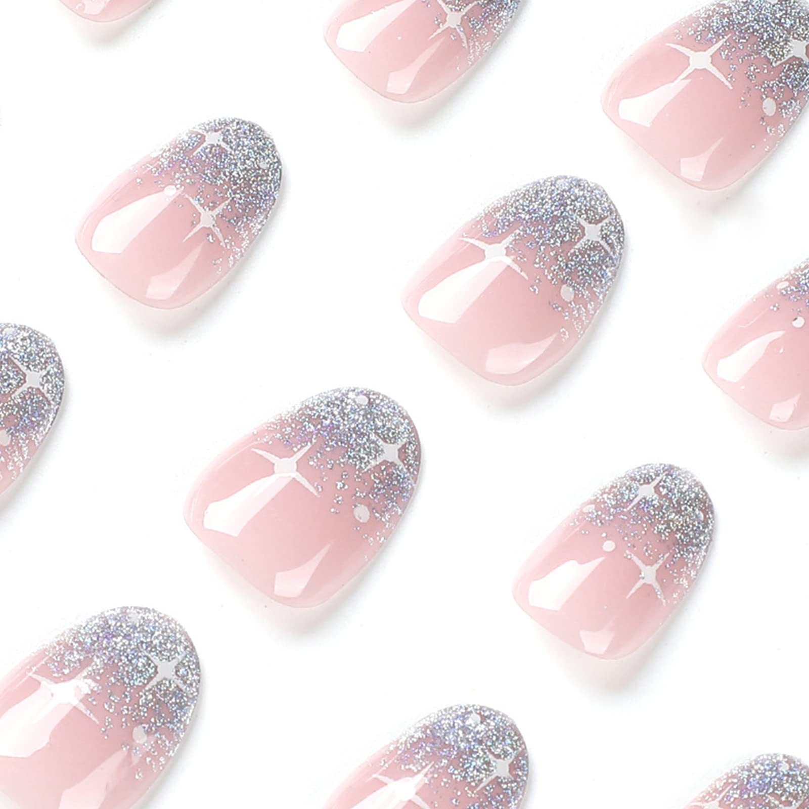 24Pcs French False Nails Almond Short - Glossy Silver Glitter Press on Nails with Star Designs, Oval Acrylic Fake Nails Full Cover Stick on Nails for Women & Girls | Daily Wear, Salon, Party, Wedding, Special Occasions