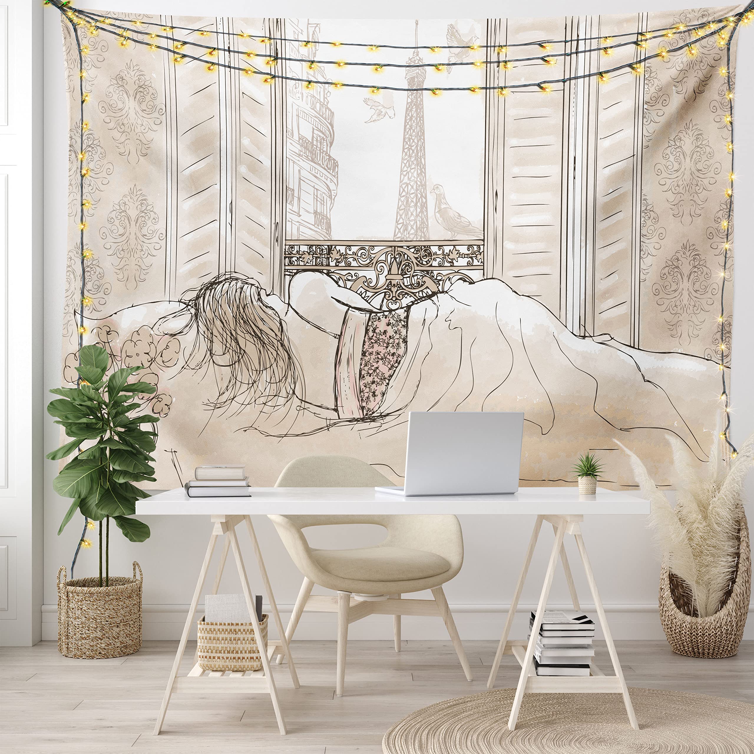 Ambesonne Paris Tapestry Wall Art - Romantic Sketch of Parisian Woman Sleeping with Eiffel Tower View | 28x23 Inch Cream Fabric Wall Hanging Decor for Bedroom, Living Room, Dorm | Perfect for French Theme Decor & Boho Chic Home Styling