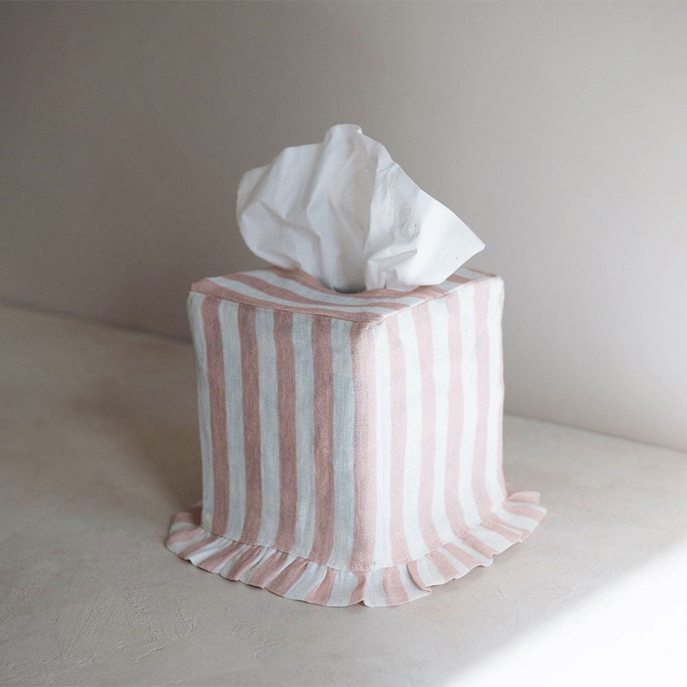 Linen Tissue Box Cover Blush Stripe - Elegant Home Decor for Living Room, Bedroom & Bathroom Organization
