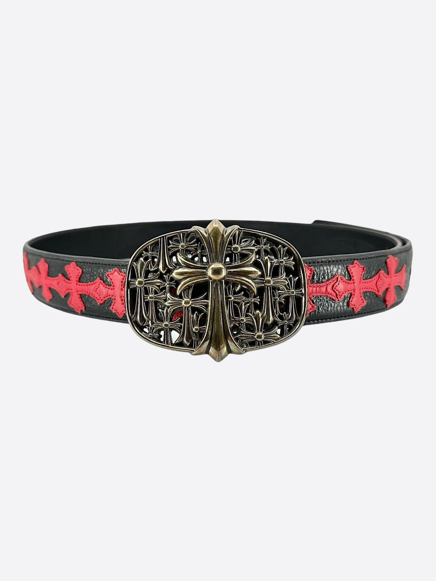 Chrome Hearts Black & Red Cross Patch Cemetery Belt - Gothic Punk Fashion Accessory for Men & Women | Perfect for Concerts, Parties, and Streetwear Outfits