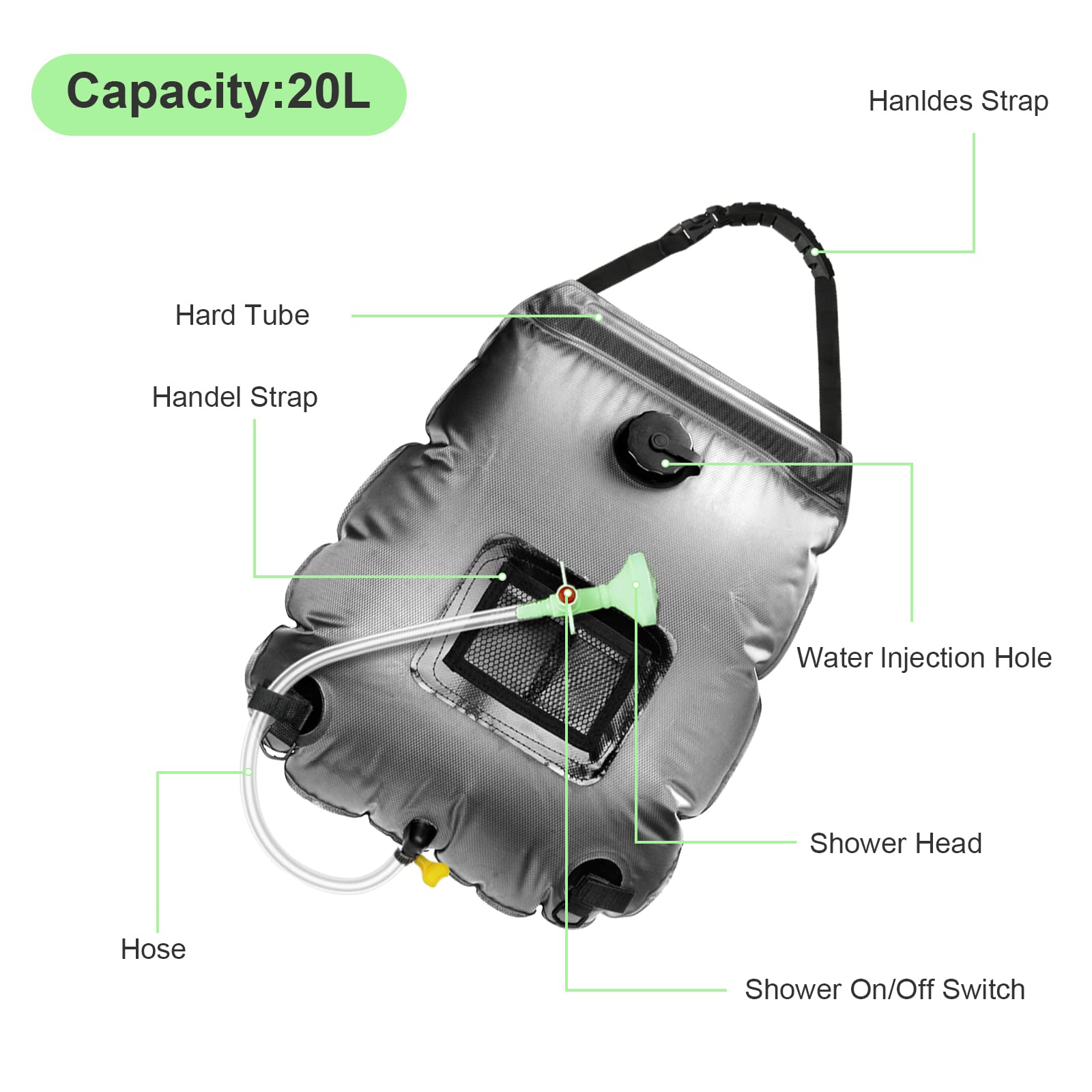 5 Gallon Solar Shower Bag - Portable 20L Camping Shower with Removable Hose & On/Off Switchable Shower Head - Ideal for Beach, Swimming, Hiking, RV Trips and Outdoor Adventures