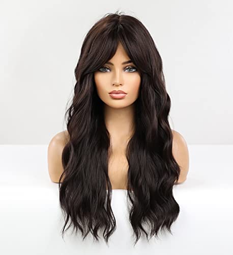 Dark Brown Wavy Wig with Blunt Bangs - Natural Looking Synthetic Hairpiece for Women | Perfect for Cosplay, Halloween Costumes & Daily Fashion Styling