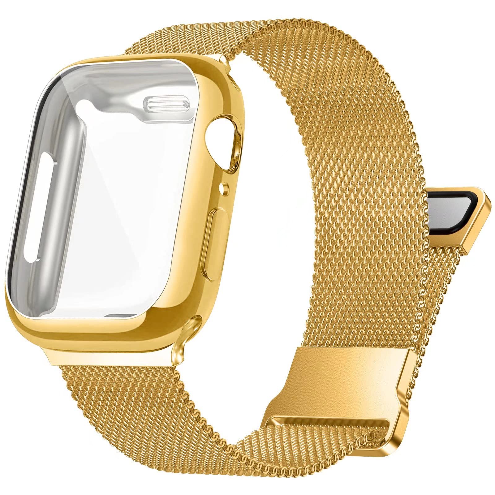 Premium Stainless Steel Band for Apple Watch 38/40/41/42/44/45mm - Magnetic Strap Compatible with iWatch Series 9/8/7/6/5/4/SE/3/2/1 - Includes Screen Protector Case - Durable Metal Watch Band for Women & Men - Perfect for Workouts, Office Wear & Everyday Use