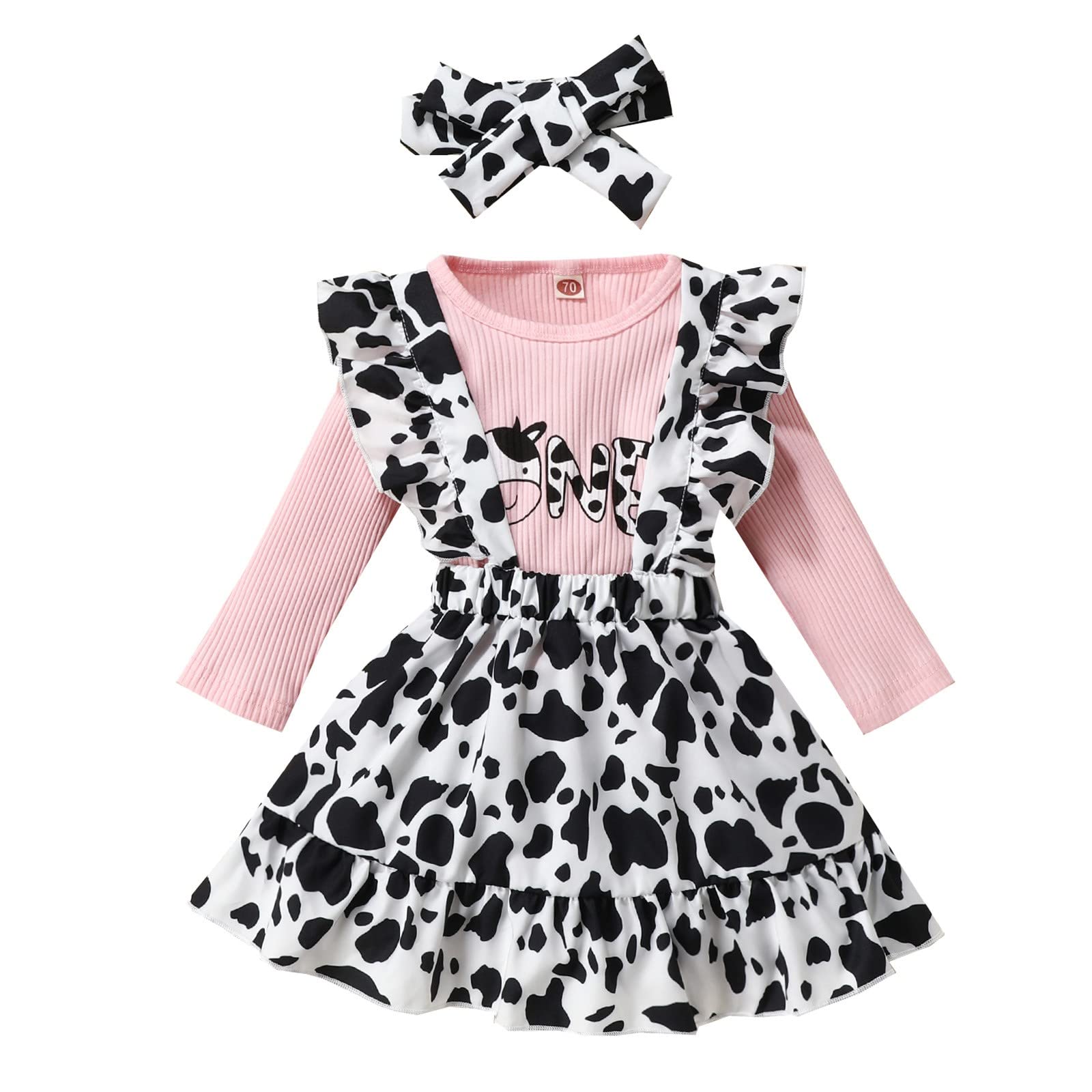 Baby Girls' Cow Print Ribbed Short Sleeve Bodysuit Romper with Bow Headband - Soft Cotton Infant Toddler Outfit for Playdates, Photoshoots & Everyday Wear