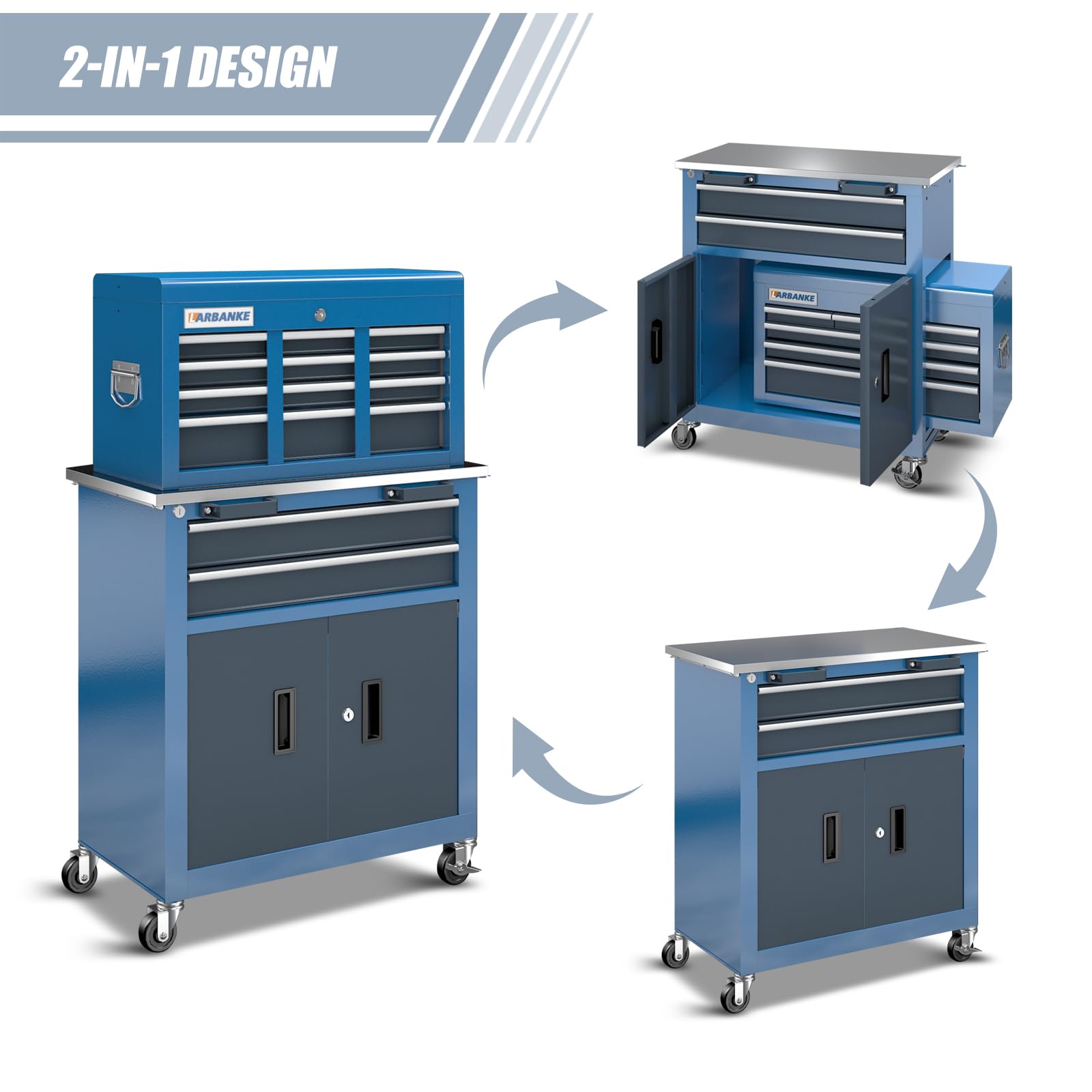 8-Drawer Rolling Tool Chest with Wheels & Locking Door, Sliding Drawers & Stainless Steel Work Surface - Heavy Duty Garage Workbench for Mechanics & DIY Projects - Perfect for Workshop Organization & Automotive Repair