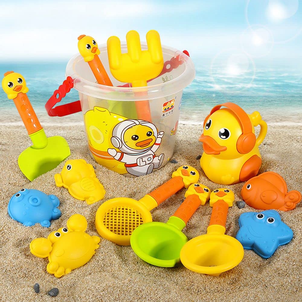 HOUGE Cute Duck Beach Sand Toys Set for Kids 3-10 | 14pcs Sand Toy Kit with Bucket, Watering Can, Shovel & Rake | Perfect for Beach, Sandbox & Outdoor Play