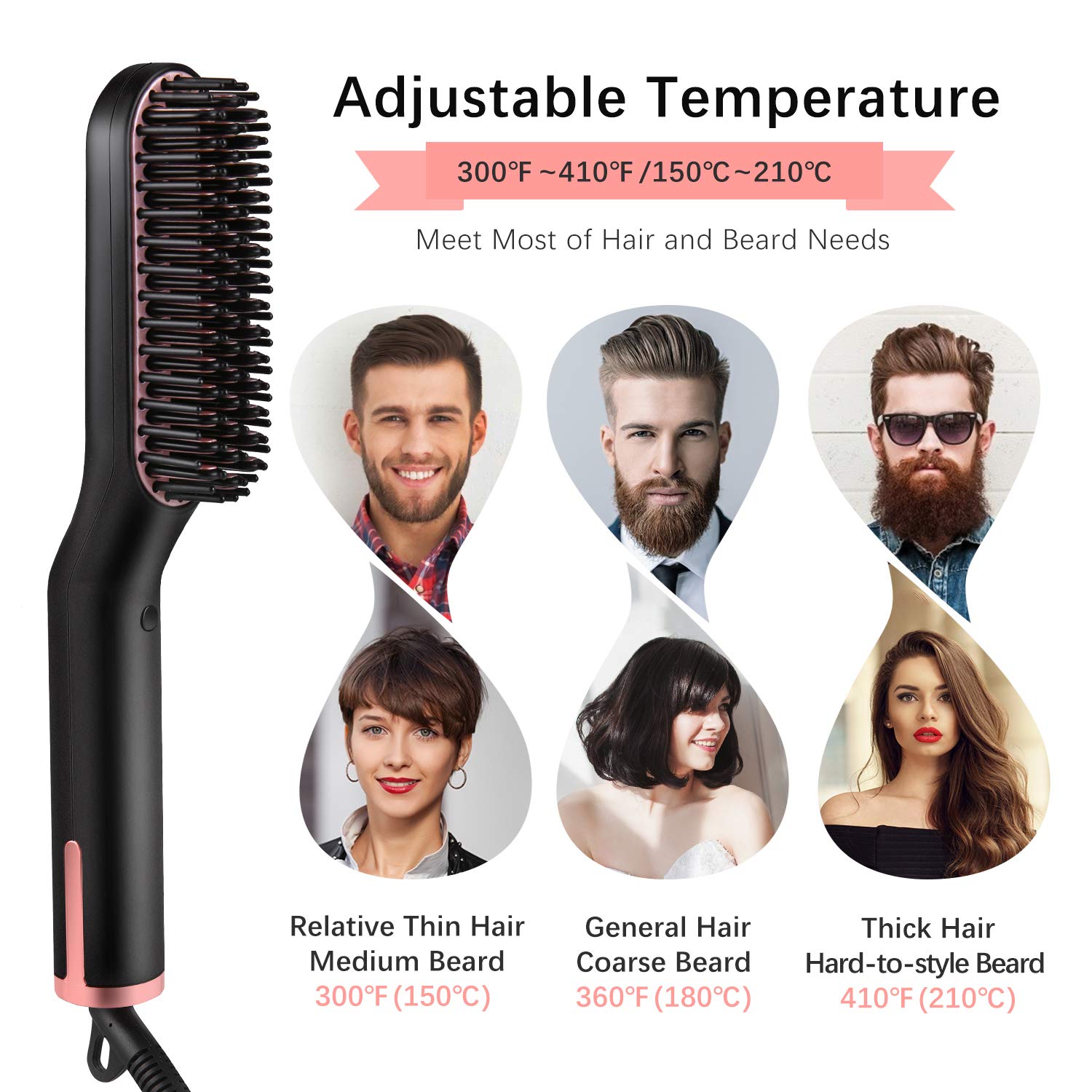 WT-023 3-in-1 Electric Straightening Brush - Fast Heating Hair Styler for Men's Beard & Women's Hair - Works on Long & Short Hair - Perfect for Home, Travel & Salon Use