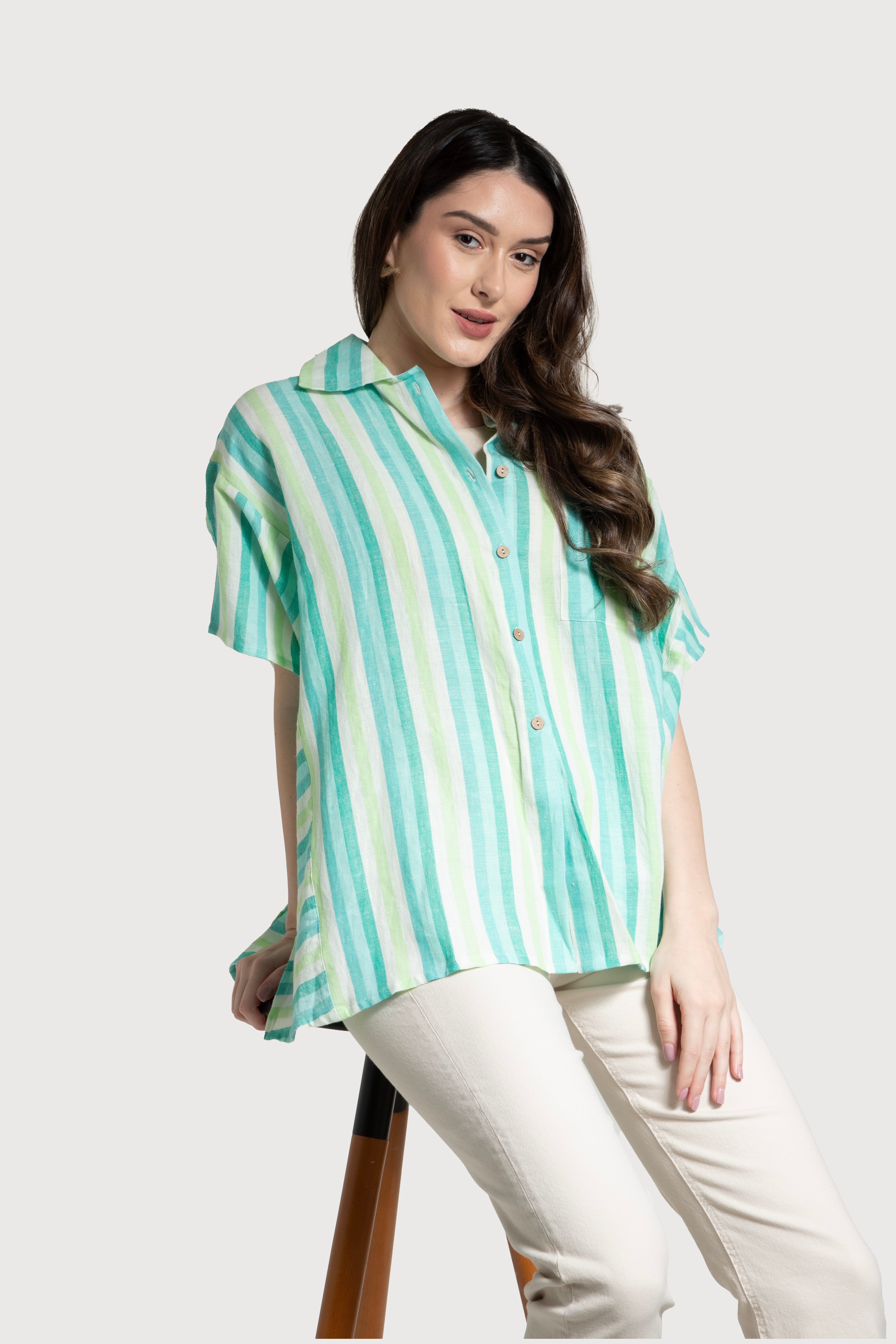 Linen Cotton Striped Oversized Shirt for Women - Comfortable Loose Fit Long Sleeve Button Down Top - Perfect for Casual Outfits, Beach Cover-Up, and Summer Layering