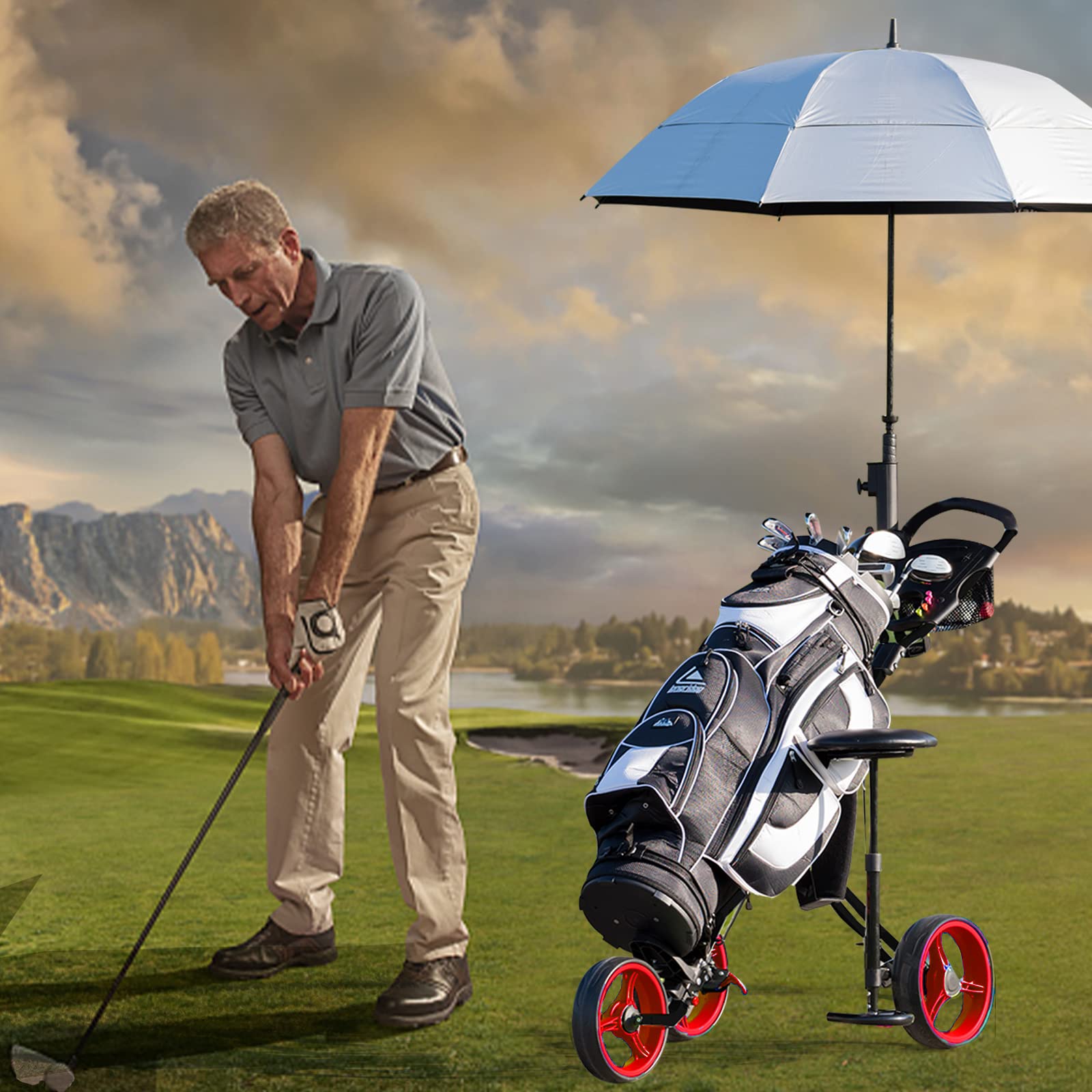 Best 3 Wheel Folding Golf Push Cart - Lightweight Collapsible Golf Trolley with Seat, Foot Brake & Umbrella Holder - Adjustable 4-Position Handle for Golf Clubs - Perfect for Golf Course, Driving Range & Outdoor Practice