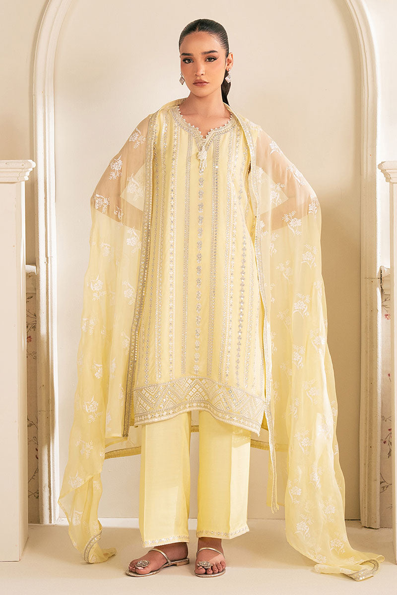 LEMON BLISS 4-Piece Chiffon Embroidered Suit Set - Elegant Floral Embroidery Women's Outfit for Parties, Weddings & Special Occasions