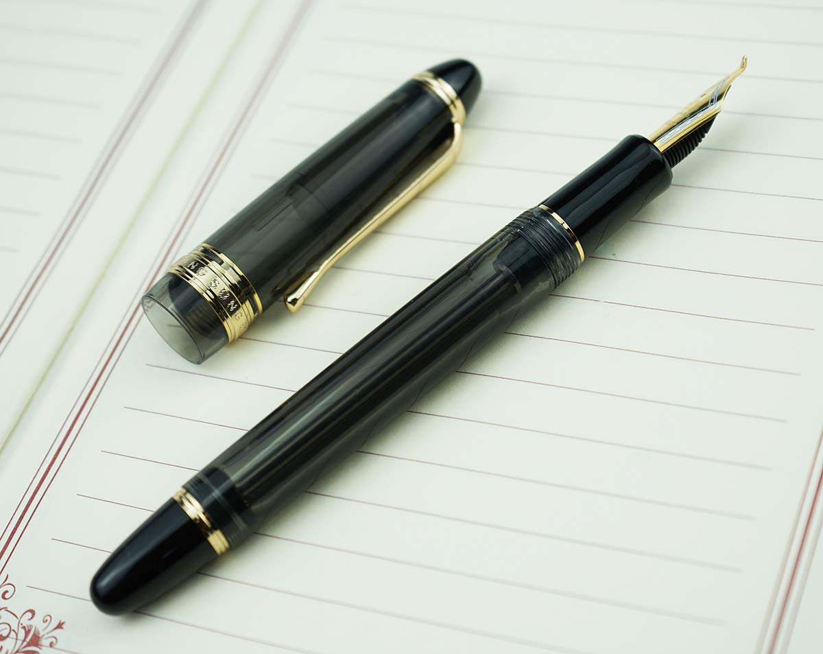 Lanxivi Yongsheng 699 Fountain Pen with Bent Nib (Fude Style) - Fine to Broad Line Variation, Vacuum Filling System, Transparent Gray Acrylic Body - Perfect for Calligraphy, Sketching & Journaling