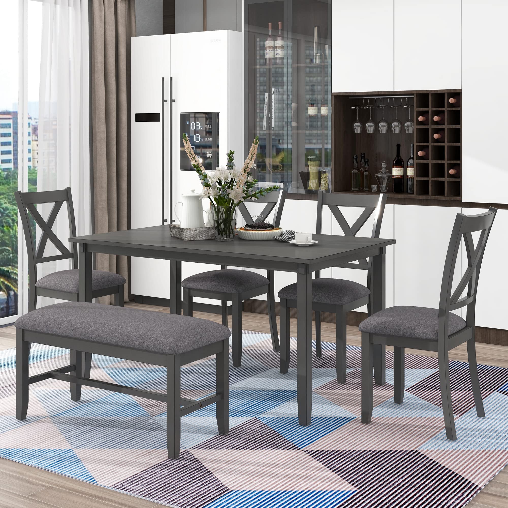 LZ LEISURE ZONE 6-Piece Dining Table Set with Bench - Modern Kitchen & Dining Room Furniture for Home or Restaurant (Grey & Grey) - Perfect for Family Meals, Entertaining Guests & Small Space Dining Areas