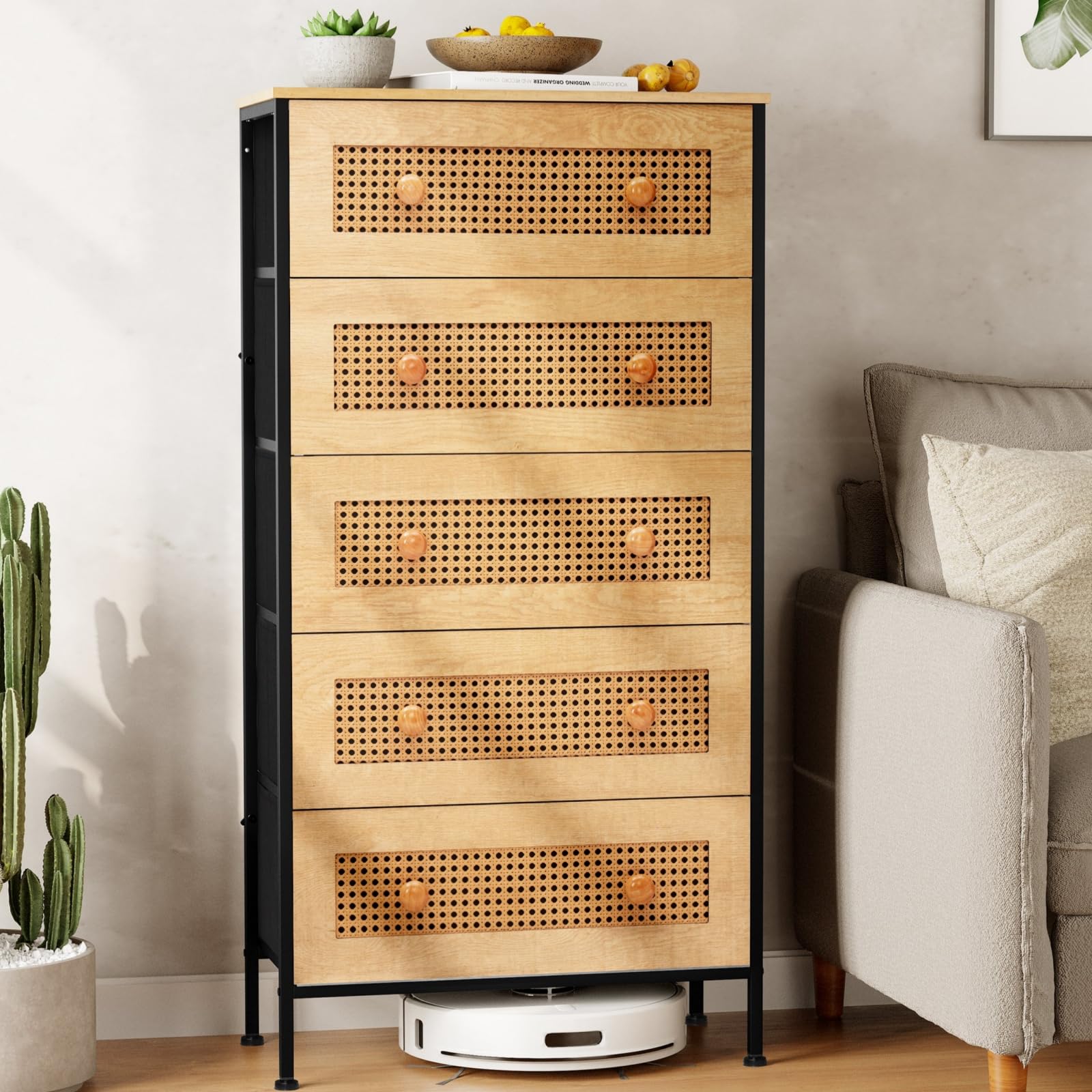 Crestlive 5-Drawer Rattan Dresser Storage Tower with Wood Top - Tall Fabric Dresser Organizer for Bedroom, Hallway, Entryway & Closet - Natural Woven Chest of Drawers | Perfect for Small Space Organization & Home Decor