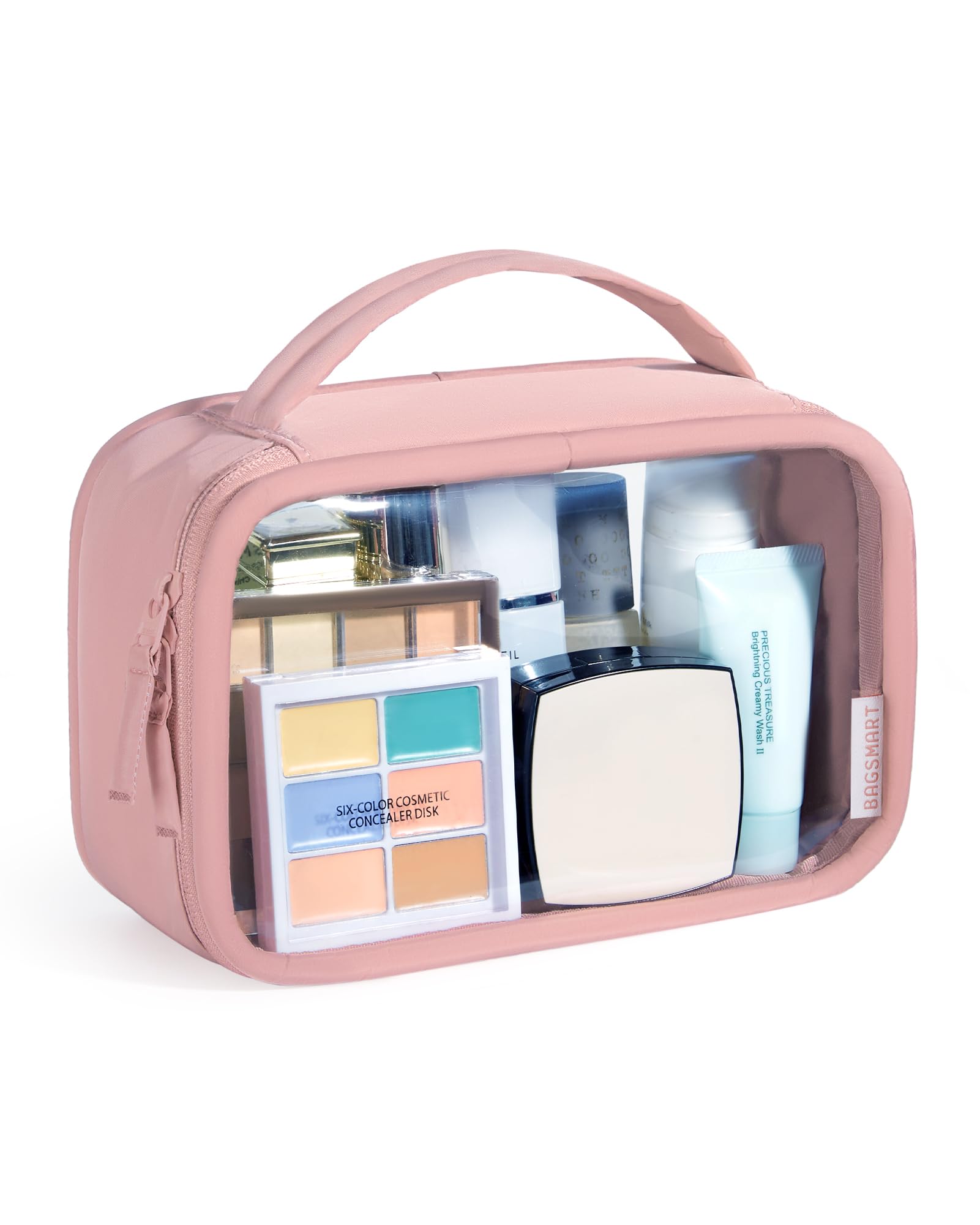 BAGSMART Clear Makeup Bag - TSA Approved Travel Toiletry Bag with Handle, Large Opening Waterproof PVC Cosmetic Organizer for Women | Perfect for Airplane Carry-on, Gym Essentials & Vacation Packing (Pink)
