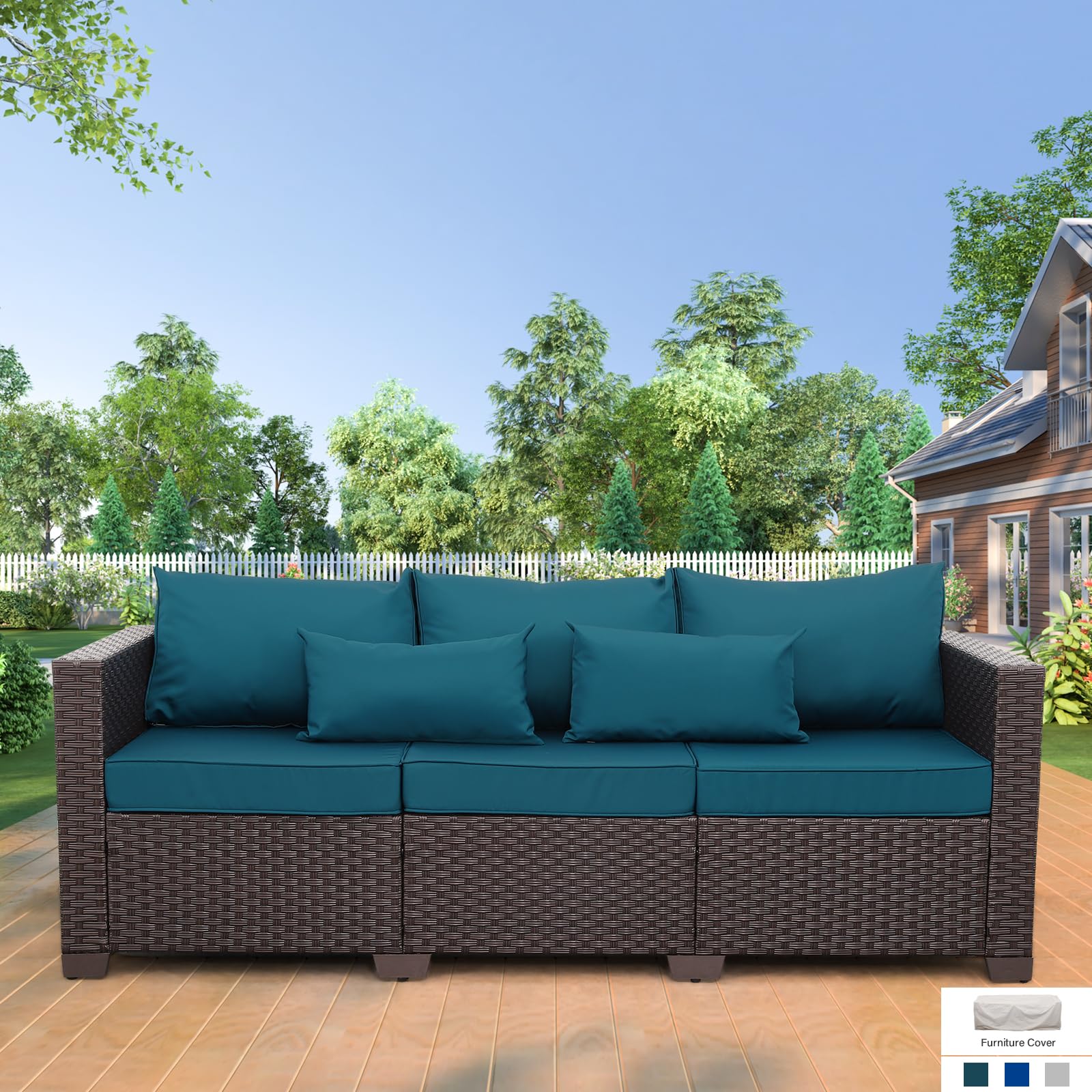 3-Seater Outdoor Sofa with Deep Seat & High Backrest - Waterproof, Non-Slip Cushions & Cover - Peacock Blue - Perfect for Patio, Garden, Poolside & Backyard Relaxation