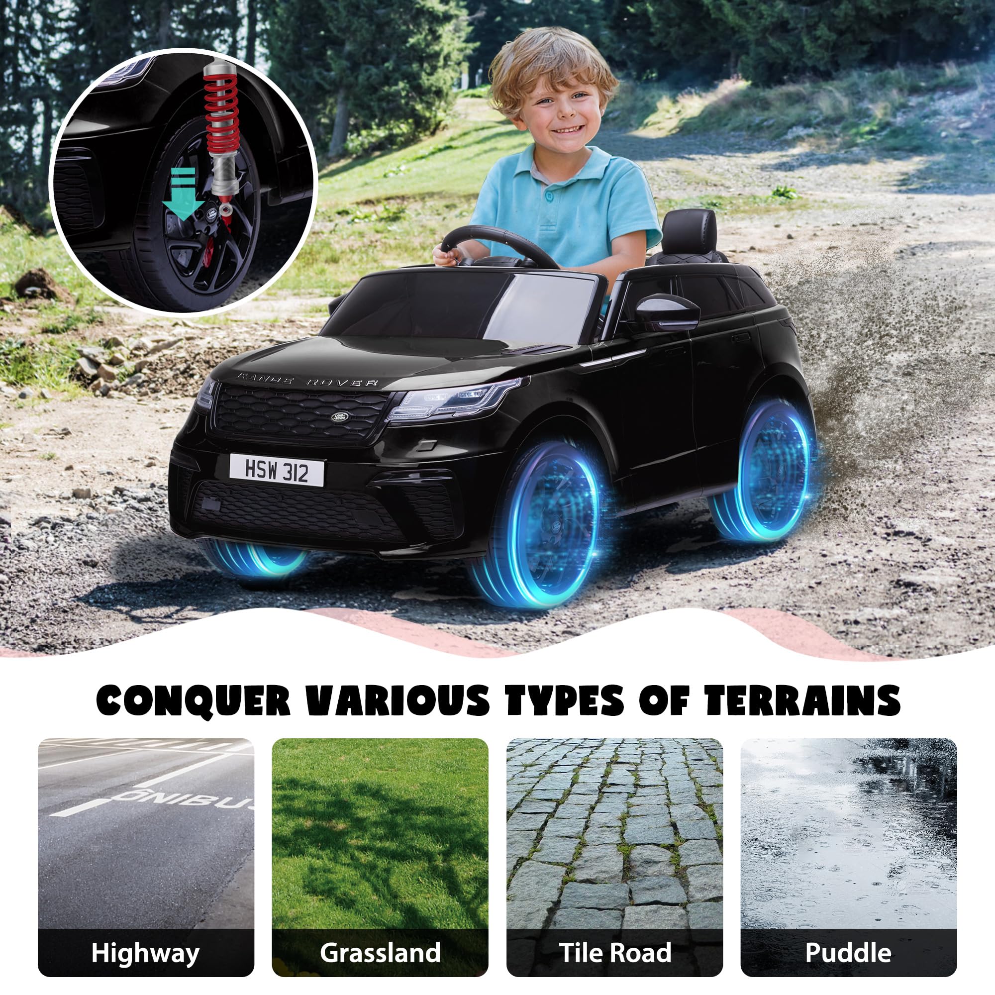 TOBBI 12V Licensed Land Rover VELAR Kids Electric Ride-On Car - Battery Powered Toy Truck with Parental Remote Control, Music & Spring Suspension - Perfect for Toddlers Outdoor Play & Birthday Gifts