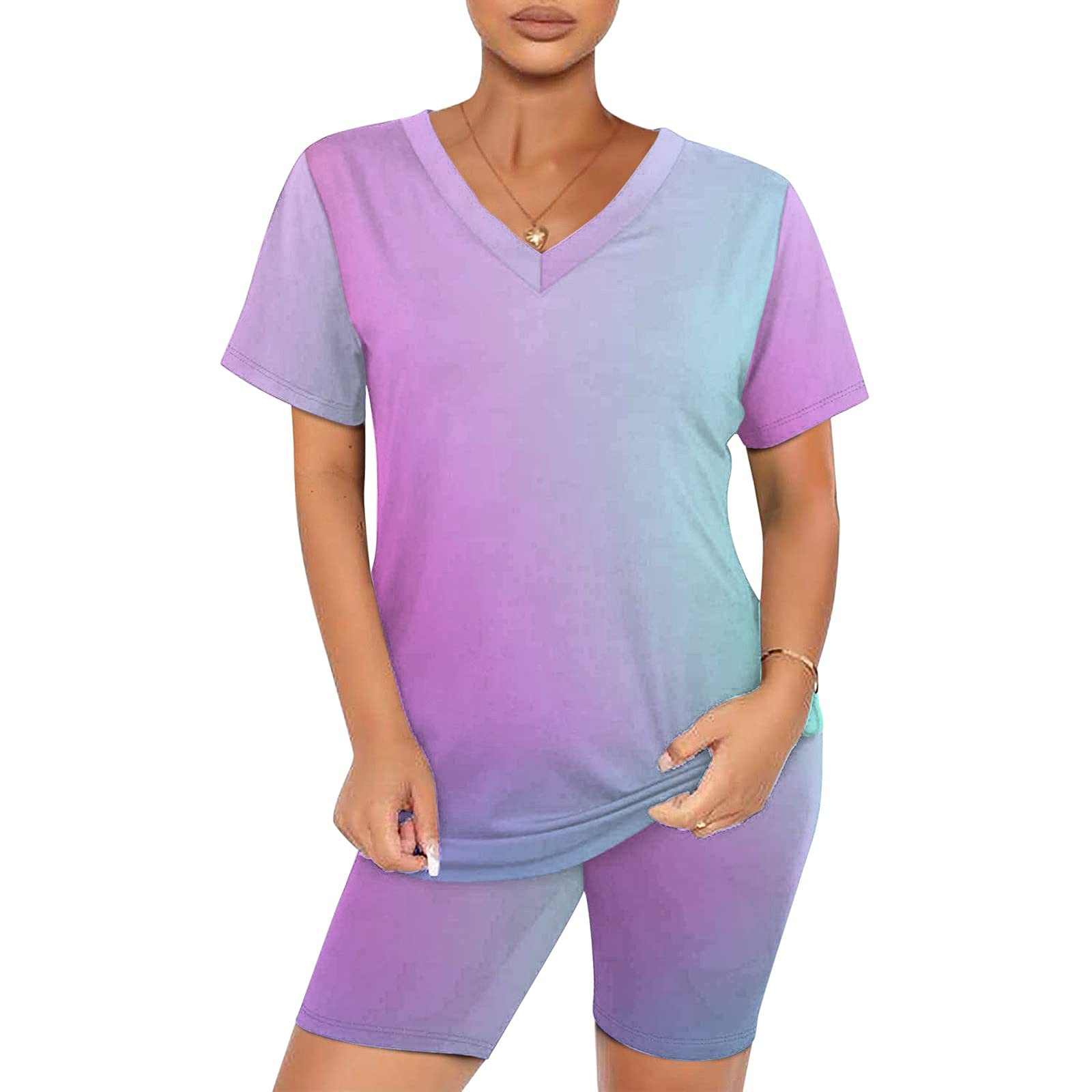 Handyulong Women's 2-Piece Workout Outfit - Summer Short Sleeve Top & Biker Shorts Set for Yoga, Cycling, Gym & Athletic Activities | Breathable Activewear for Running, Fitness & Casual Wear