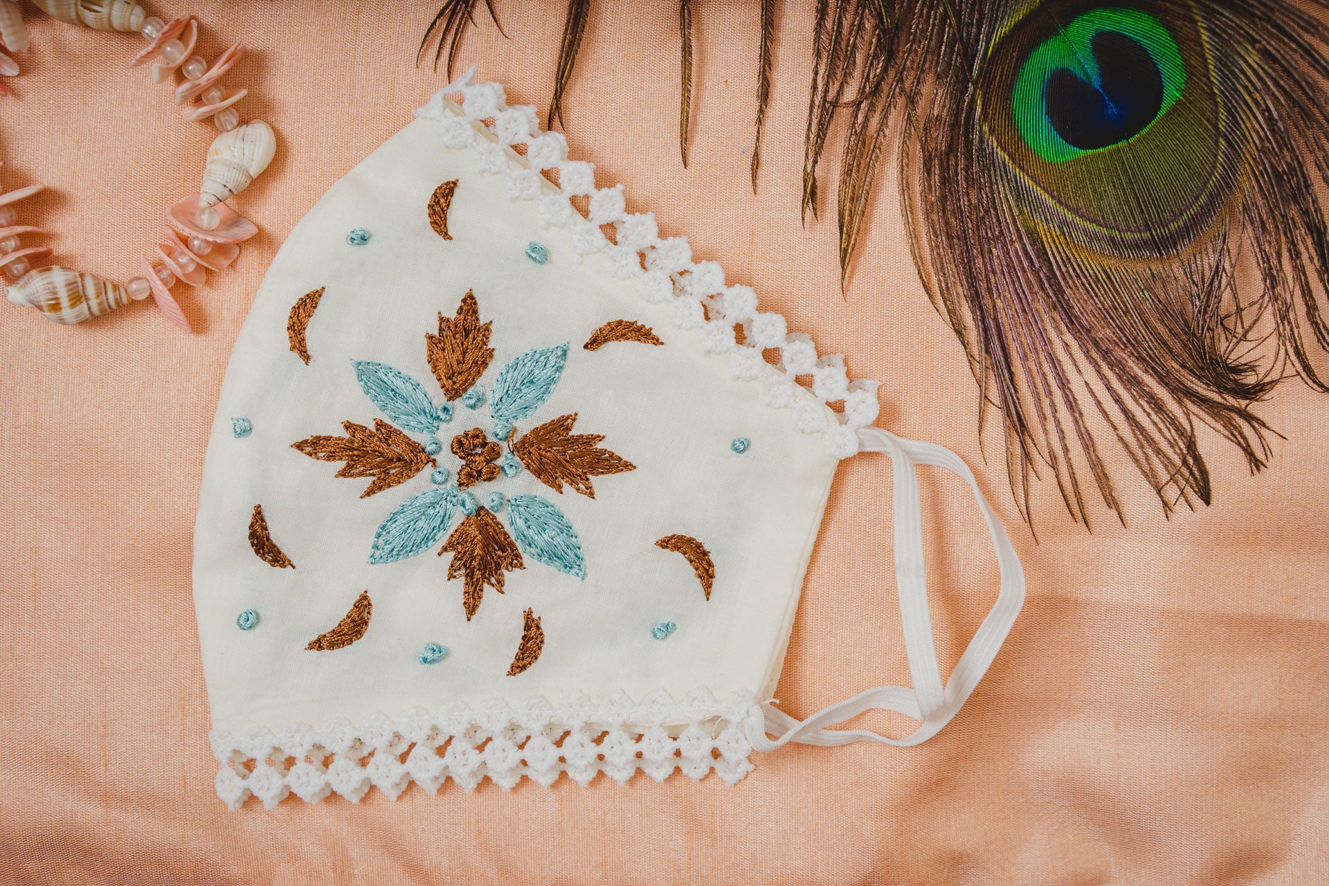 Elegant Cream Cotton Face Mask with Geometric Floral Embroidery and Lace Trim - Perfect for Weddings, Parties, and Everyday Fashion Protection