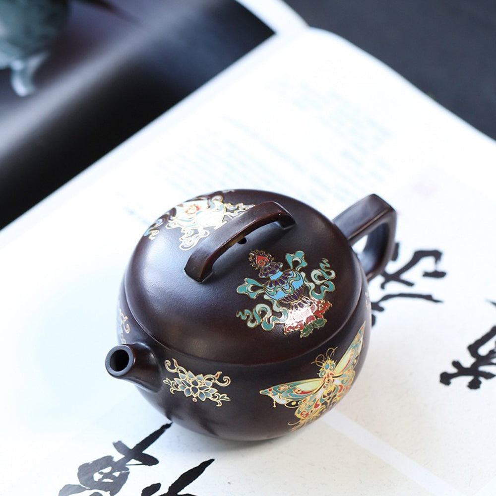 Premium Yixing Purple Clay Teapot with Enamel Butterfly Design - Handcrafted Chinese Gongfu Tea Pot for Loose Leaf Tea Brewing - Perfect for Tea Ceremonies, Home Decor & Gifts