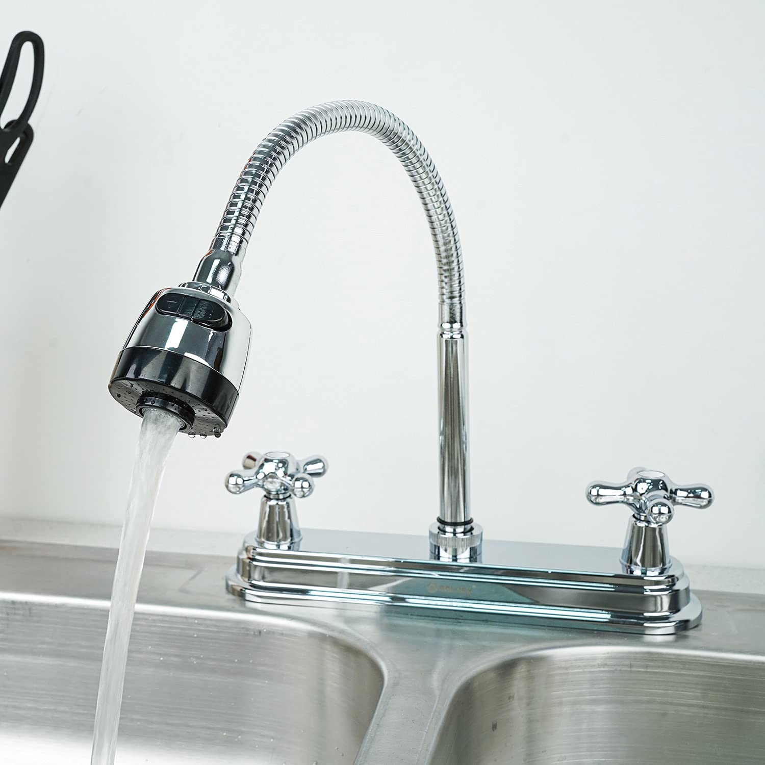 SOLVEX 2 Handle Commercial Kitchen Sink Faucet - High Arc 360° Swivel Stainless Steel 3 Hole Faucet with Flexible Spout, Modern Chrome Finish for Home & Restaurant Use (Model SP-80202) | Perfect for Washing Dishes, Food Prep & Heavy-Duty Cleaning