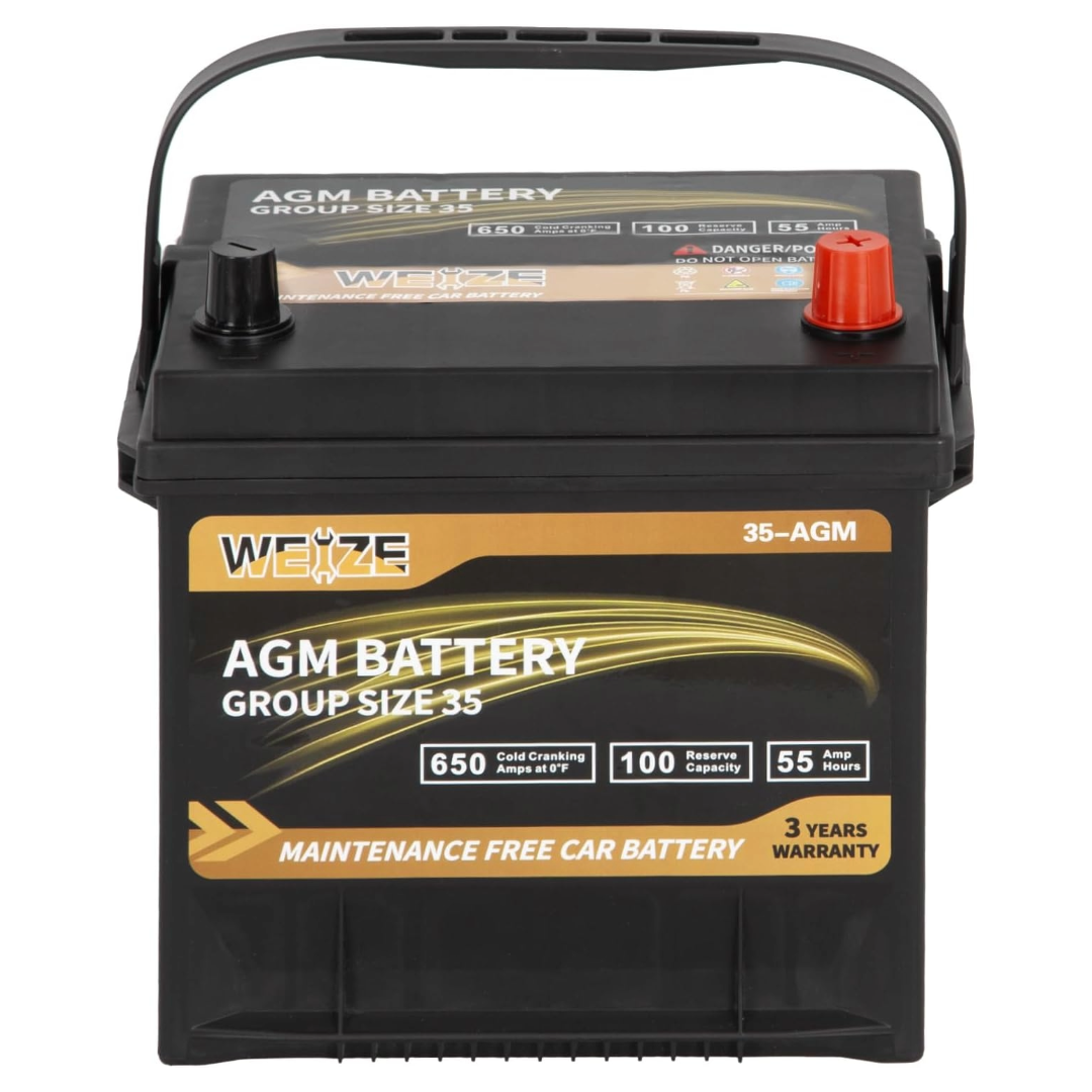 WEIZE Wise Series Group 35 AGM Car Battery - 12V 55Ah 650CCA Automotive Replacement Battery for Cars, Trucks & SUVs - Reliable Cold Cranking Power for All Weather Conditions