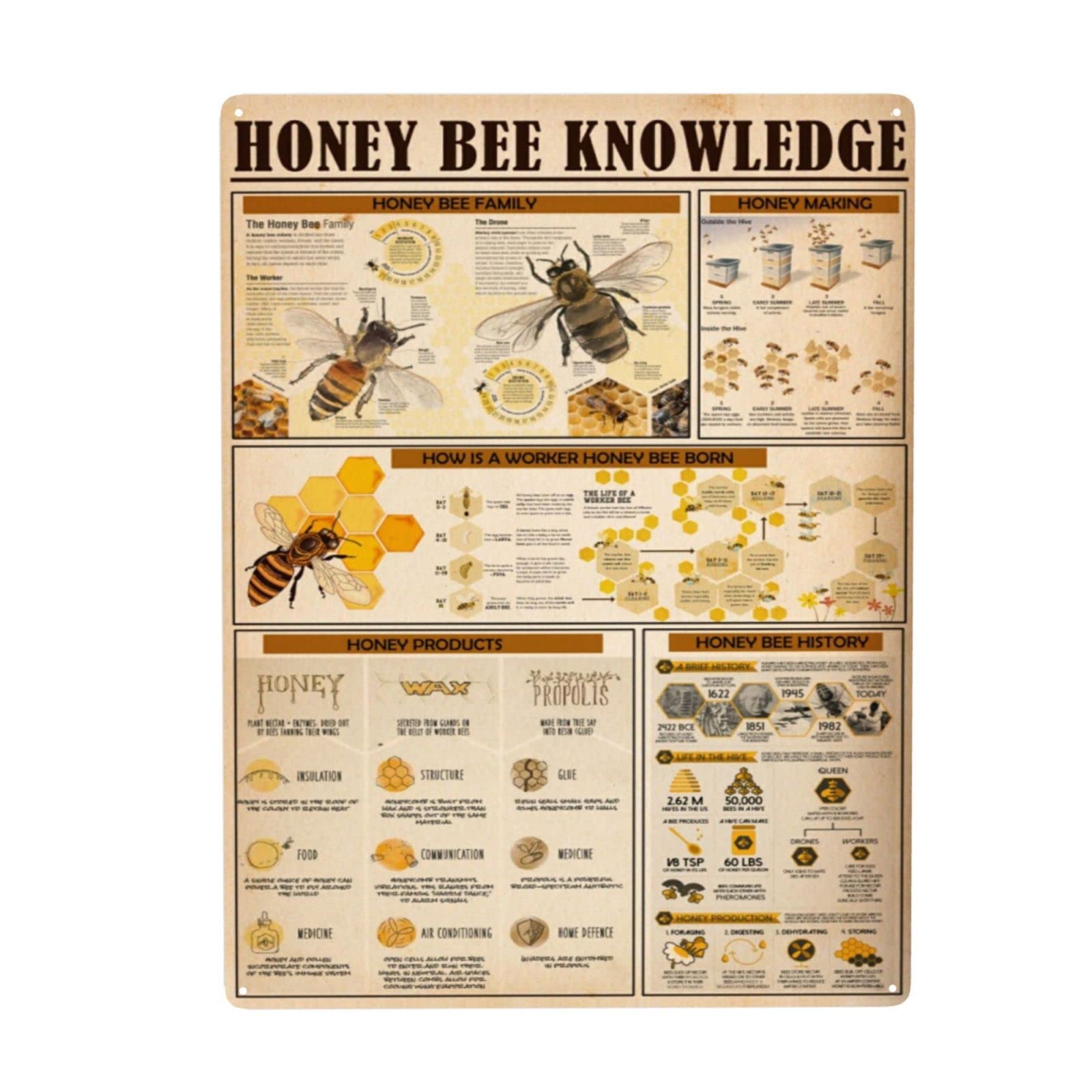 Honey Bee Metal Sign - Retro Farm Wall Decor 12x16