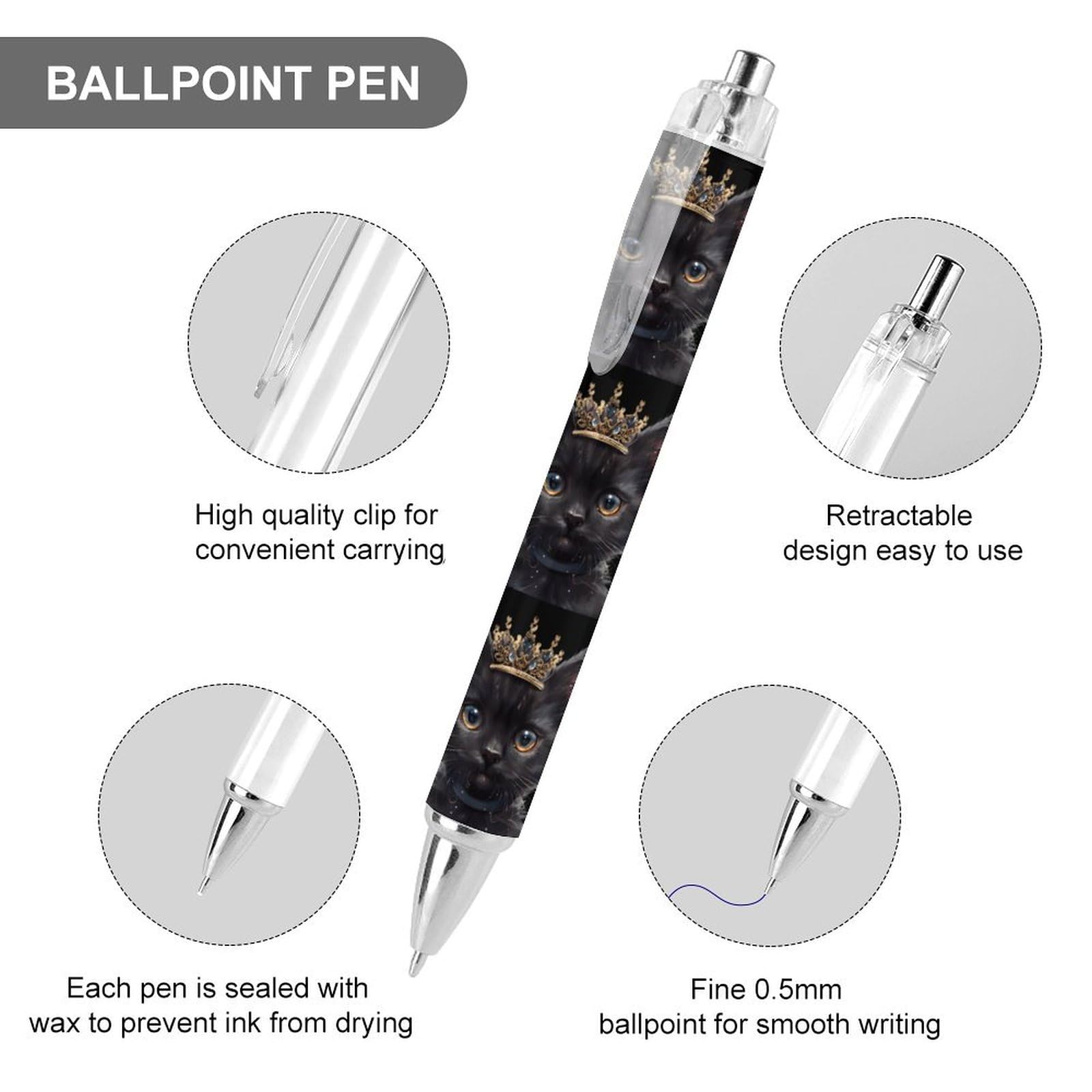 Black Cat with Crown Ballpoint Pens - Retractable Gel Pen 0.5mm Fine Point Black Ink for Office, School & Home Use - Perfect for Writing, Note Taking & Gift Giving