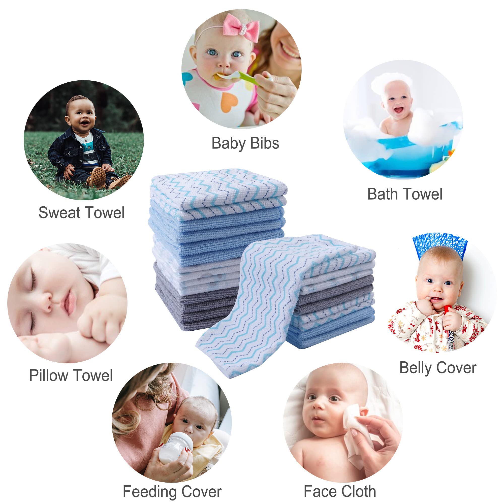 24-Pack Ultra Soft Baby Washcloths - Extra Absorbent & Gentle for Sensitive Skin | 9x9 Inch Unisex Baby Towels for Face & Body Care | Perfect for Newborns, Toddlers & Kids Bath Time (Blue Elephant Design)