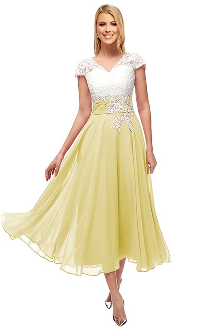 ChenFel Women's Lace Chiffon Tea-Length Formal Dress with Pockets - Elegant Mother of the Bride Gown for Weddings, Parties & Special Occasions