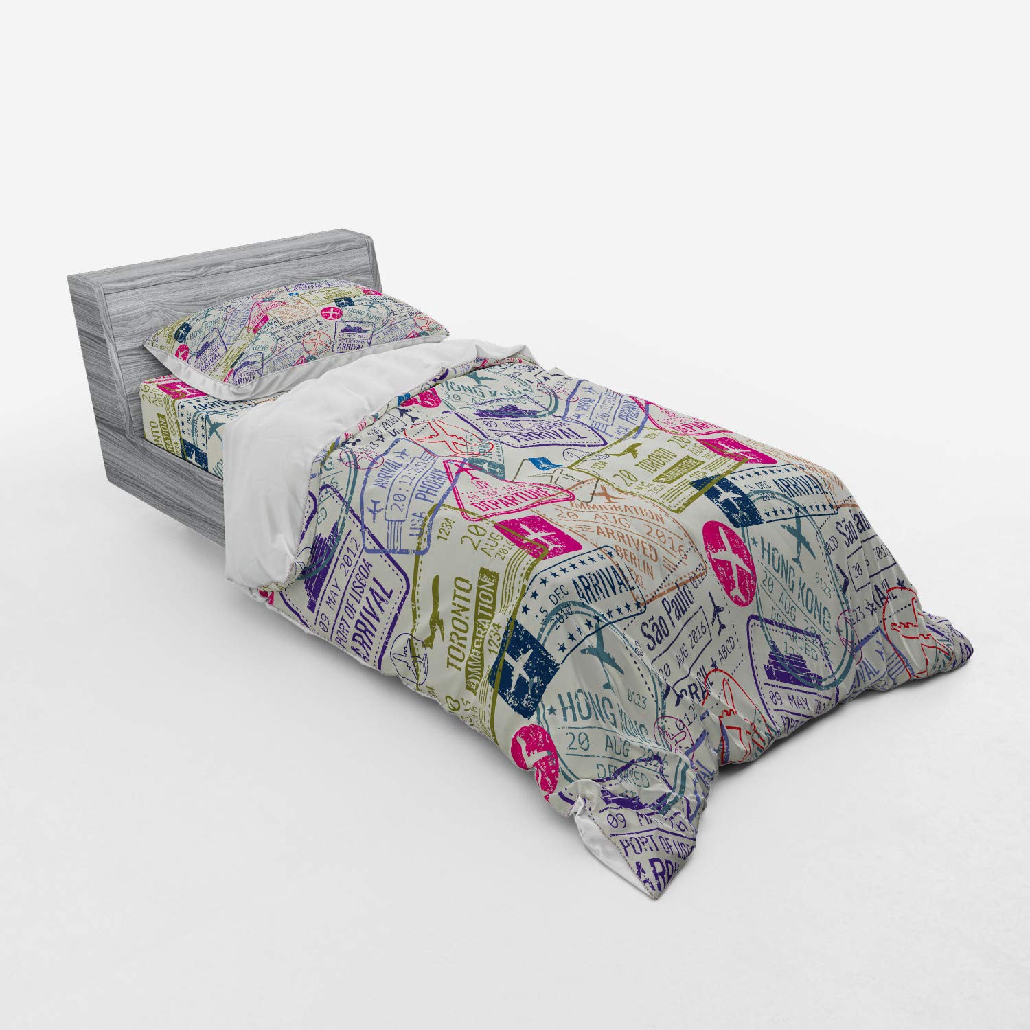 Ambesonne Travel Themed Duvet Cover Set - Passport & Visa Stamp Design Featuring Toronto, Hong Kong, Berlin - 3 Piece Bedding Set with Pillow Sham & Fitted Sheet - Twin Size in Eggshell & Pink - Perfect for Wanderlust Bedrooms & Travel Inspired Decor