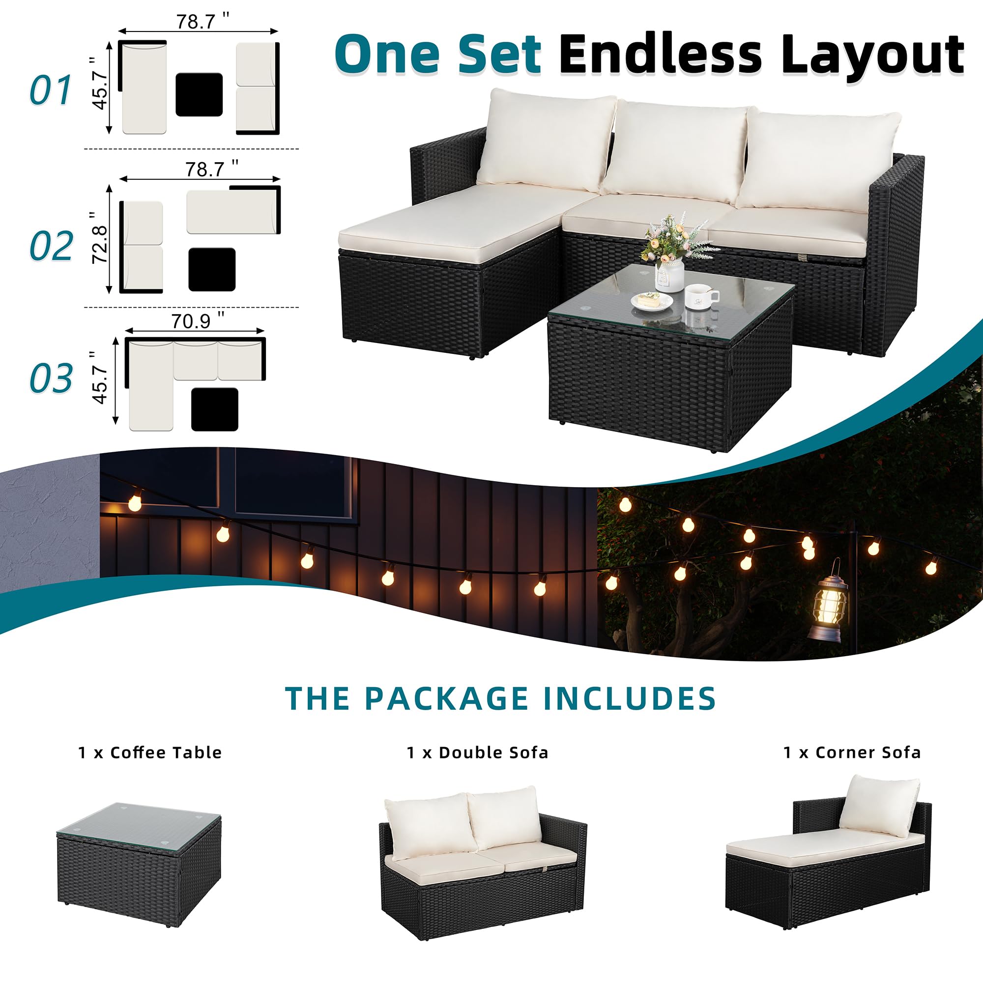 **SUNLEI 3-Piece Outdoor Patio Furniture Set with Detachable Cushions, Adjustable PE Rattan Sectional Sofa & Coffee Table – 5-Position Reclining, Black/White – Perfect for Backyard, Garden, Poolside & Balcony Relaxation**