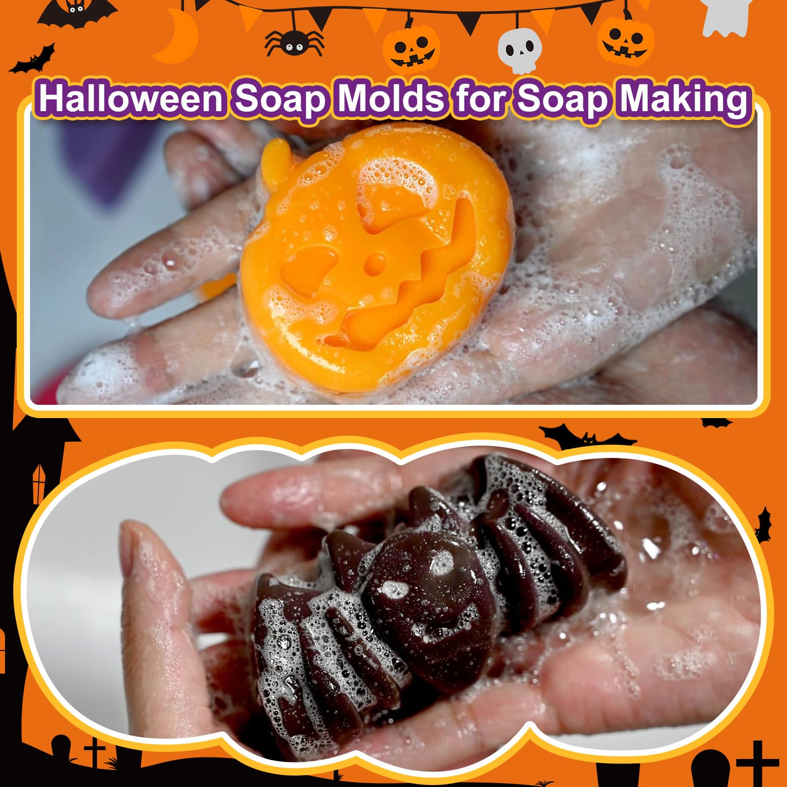 (2 Pack) Halloween Silicone Molds - Pumpkin, Bat, Skull & Ghost Shapes for DIY Soap, Candle, Chocolate, Jelly & Fondant - Non-Stick Baking Molds for Spooky Treats & Party Decorations