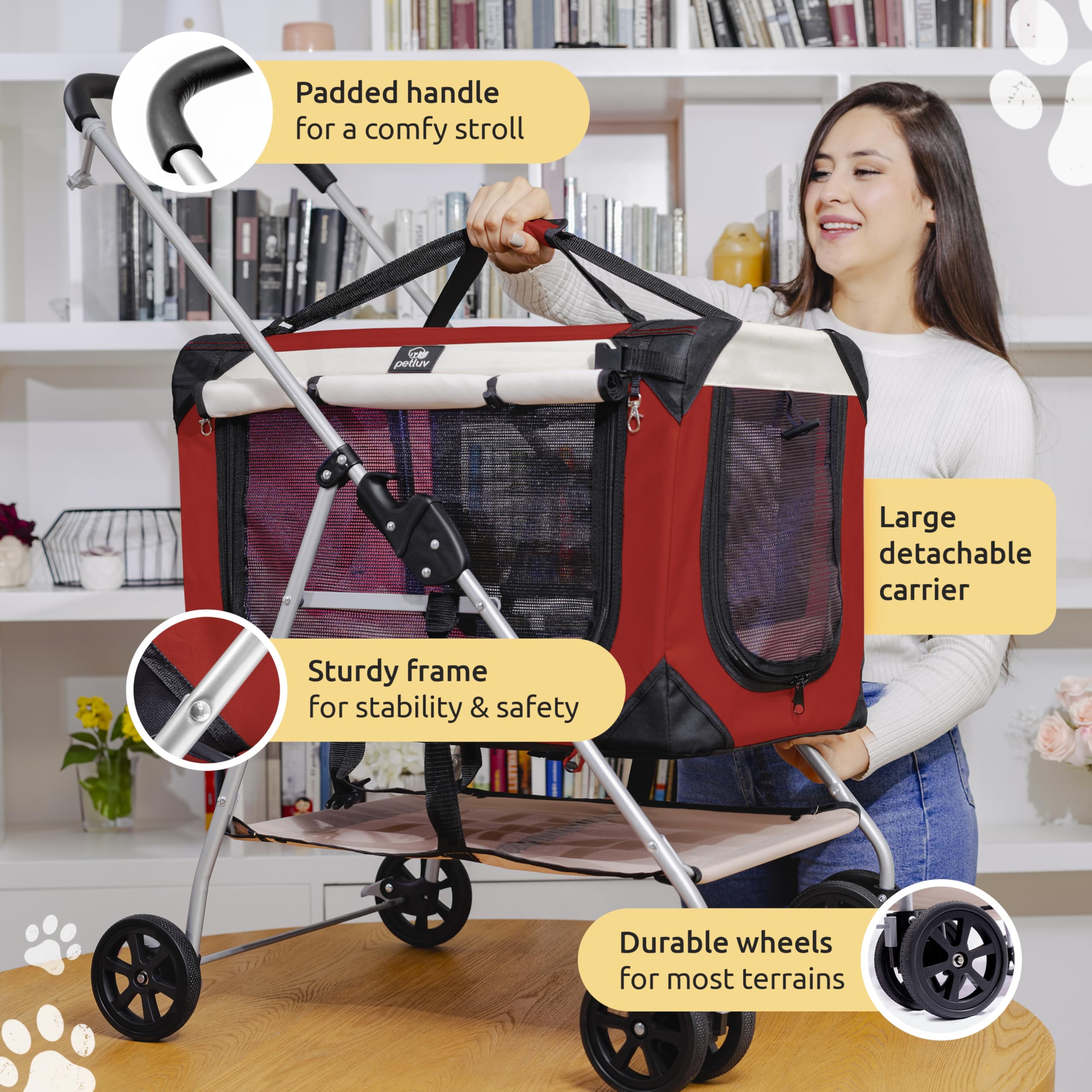 Premium Pet Stroller for 2 Cats or Small to Medium Dogs (10-45 lbs) - Lightweight & Durable Red Design - Perfect for Park Walks, Vet Visits & Shopping Trips