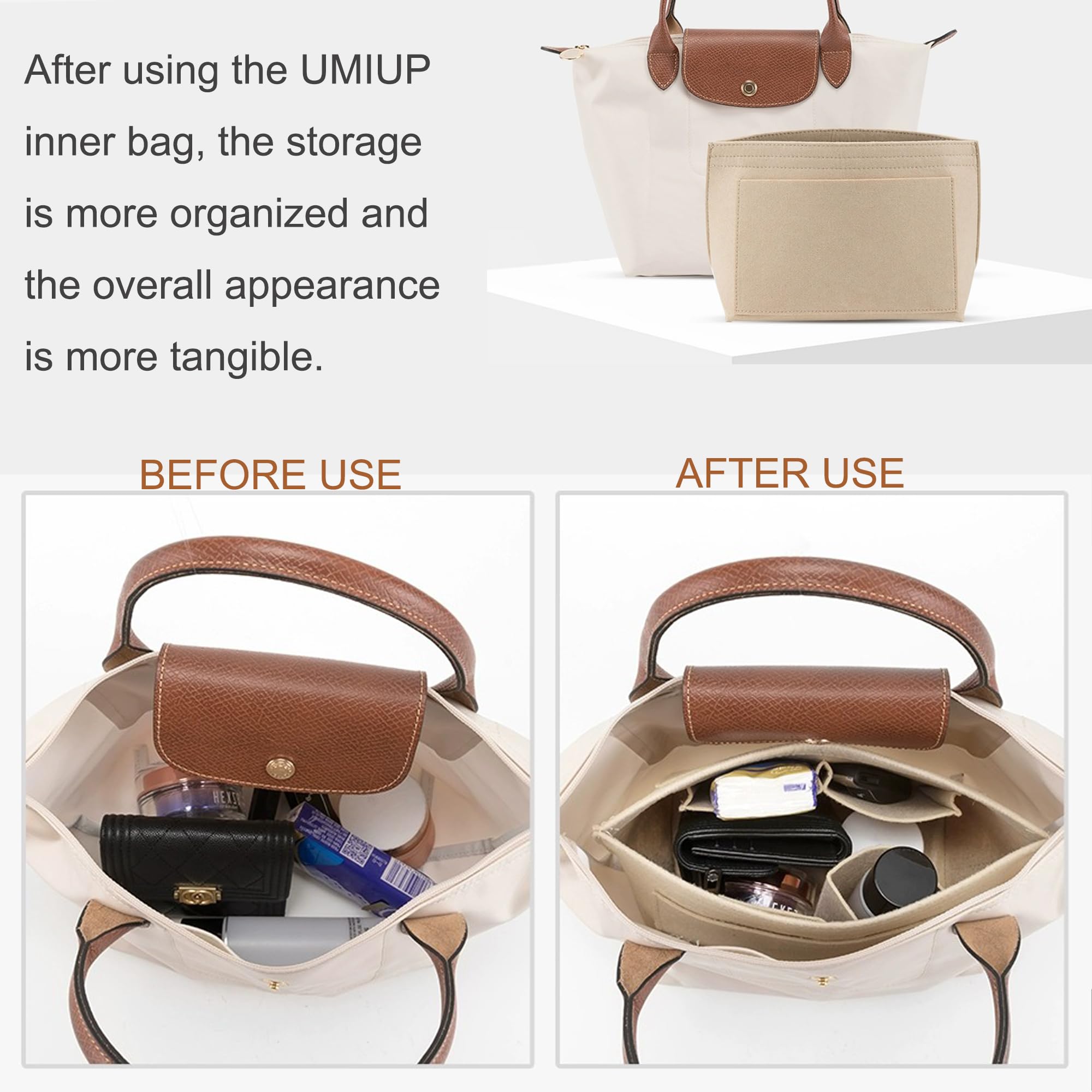 Premium Purse Organizer Insert for Longchamp Le Pliage Tote - Handbag Organizer with Cup Holder - Fits Large/Small LE PLIAGE Totes & Top Handle Bags (Beige, 11