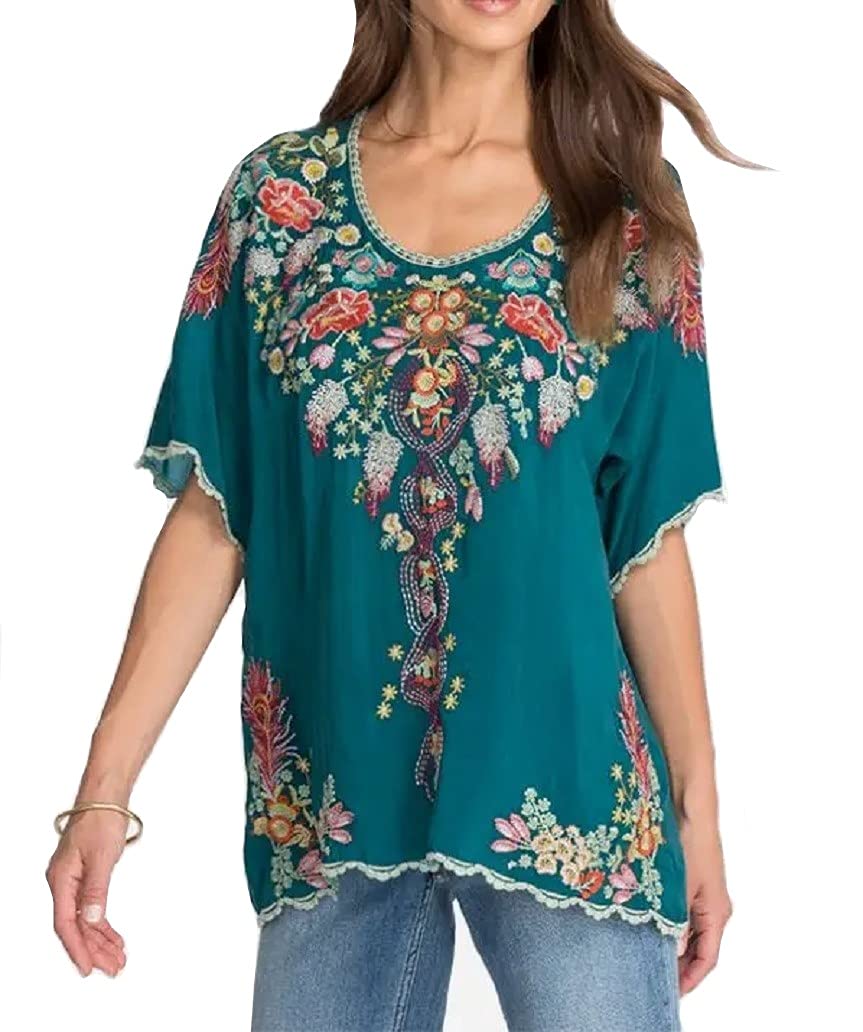 Johnny Was Women's Bohemian Floral Print Short Sleeve Blouse - Perfect for Summer Outfits, Beach Vacations & Casual Chic Style