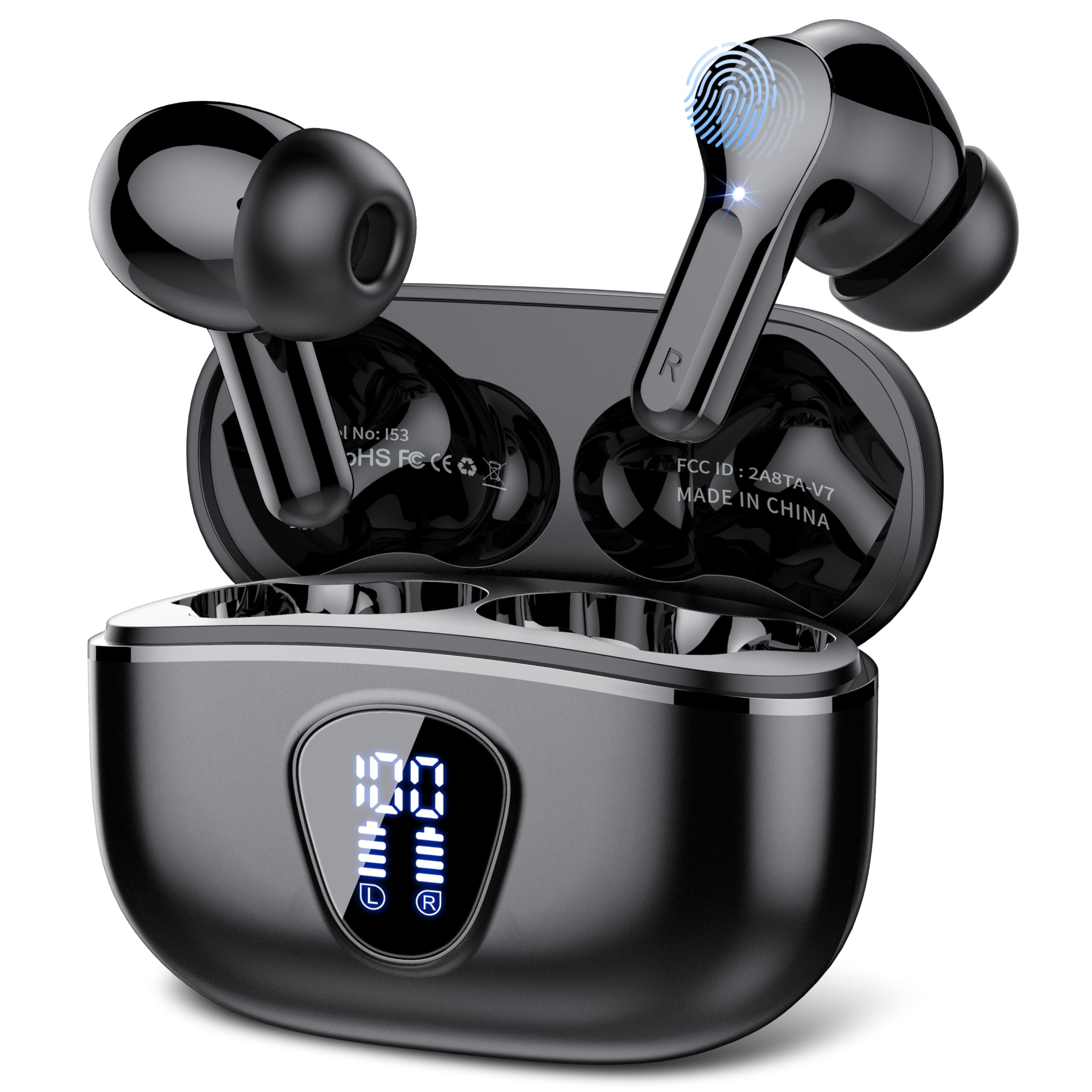 Wireless Bluetooth Headphones 5.3 with Immersive Bass, 4 ENC Mic Noise Cancelling Earbuds, 40H Playtime LED Display, IP7 Waterproof Touch Control - Perfect for Gym, Running, Travel & Work (Black, 2024 Model)