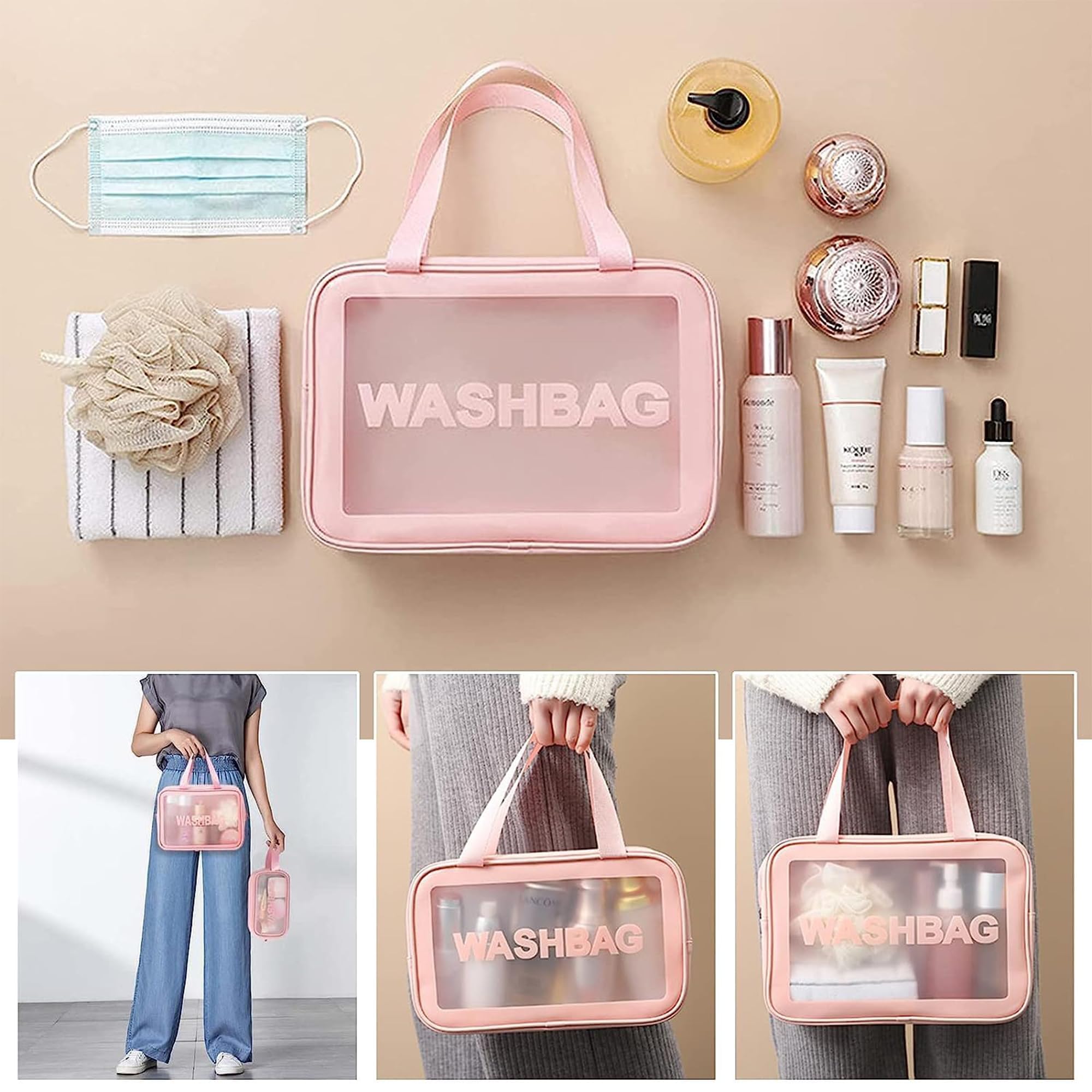 INKMILAN 3-Piece Travel Makeup Bag Set - Small, Medium & Large Cosmetic Organizer Pouch for Women, Pink | Perfect for Toiletries, Brushes & Beauty Accessories | Ideal for Travel, Gym & Daily Use