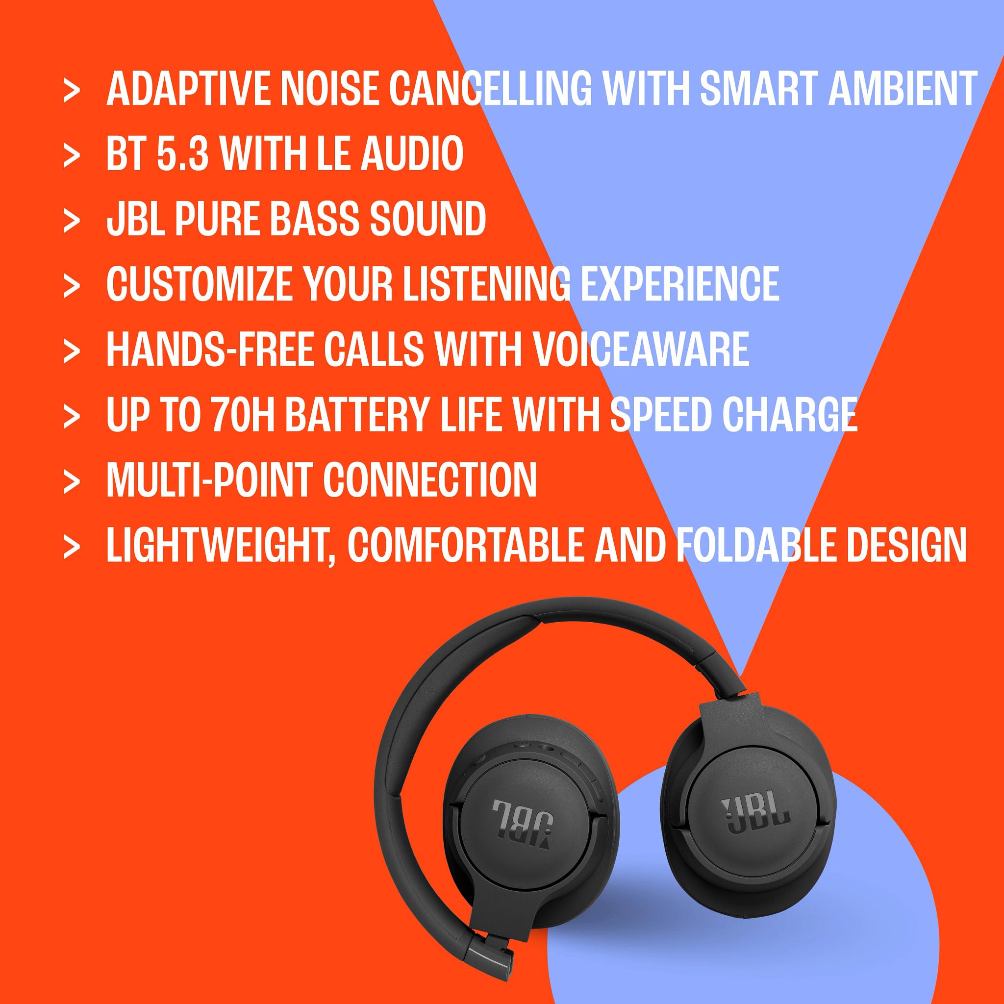 JBL Tune 770 NC Wireless Bluetooth Headphones with Active Noise Cancelling, 70H Playtime - Over-Ear Comfort for Travel, Work & Music (Black)
