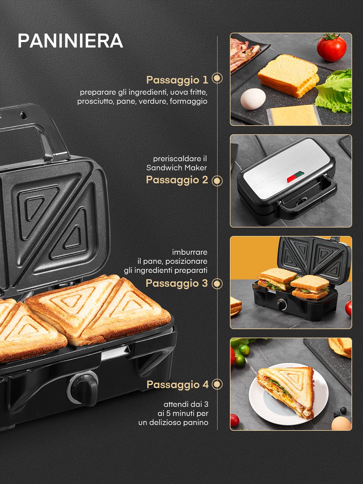 1200W 3-in-1 Sandwich Maker, Panini Press & Waffle Iron with 5 Temperature Settings, Non-Stick Coating & Cool-Touch Handle - Perfect for Breakfast, Snacks and Family Gatherings (Black)