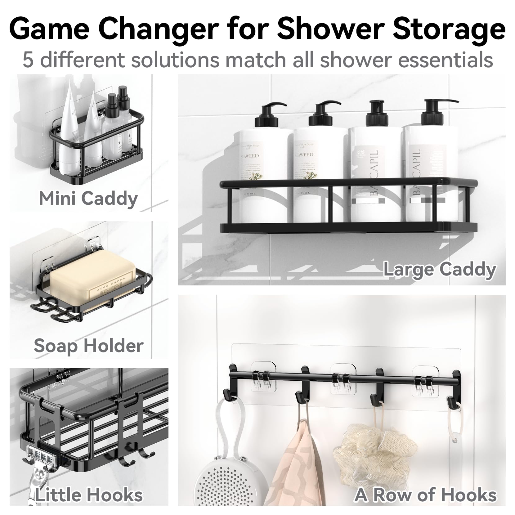 YASONIC 6-Pack Large Capacity Shower Caddy Organizer with Soap Holder & 12 Hooks - Rustproof No-Drill Bathroom Shelves for Shower Storage - Perfect for Small Bathrooms, Dorm Rooms & Apartment Showers